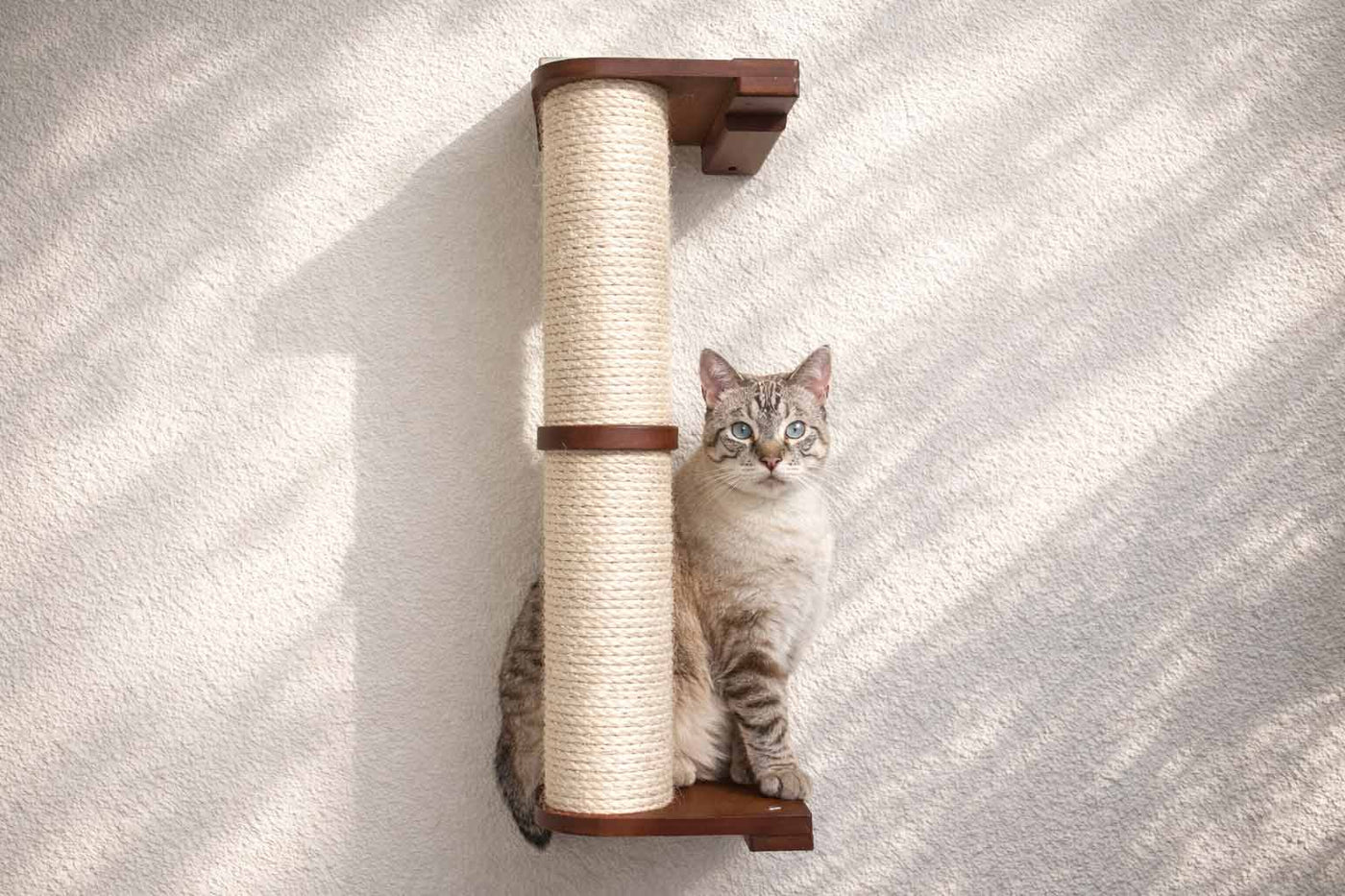 Wall mounted sisal cat scratching pole with a leaf shelf attached partway up