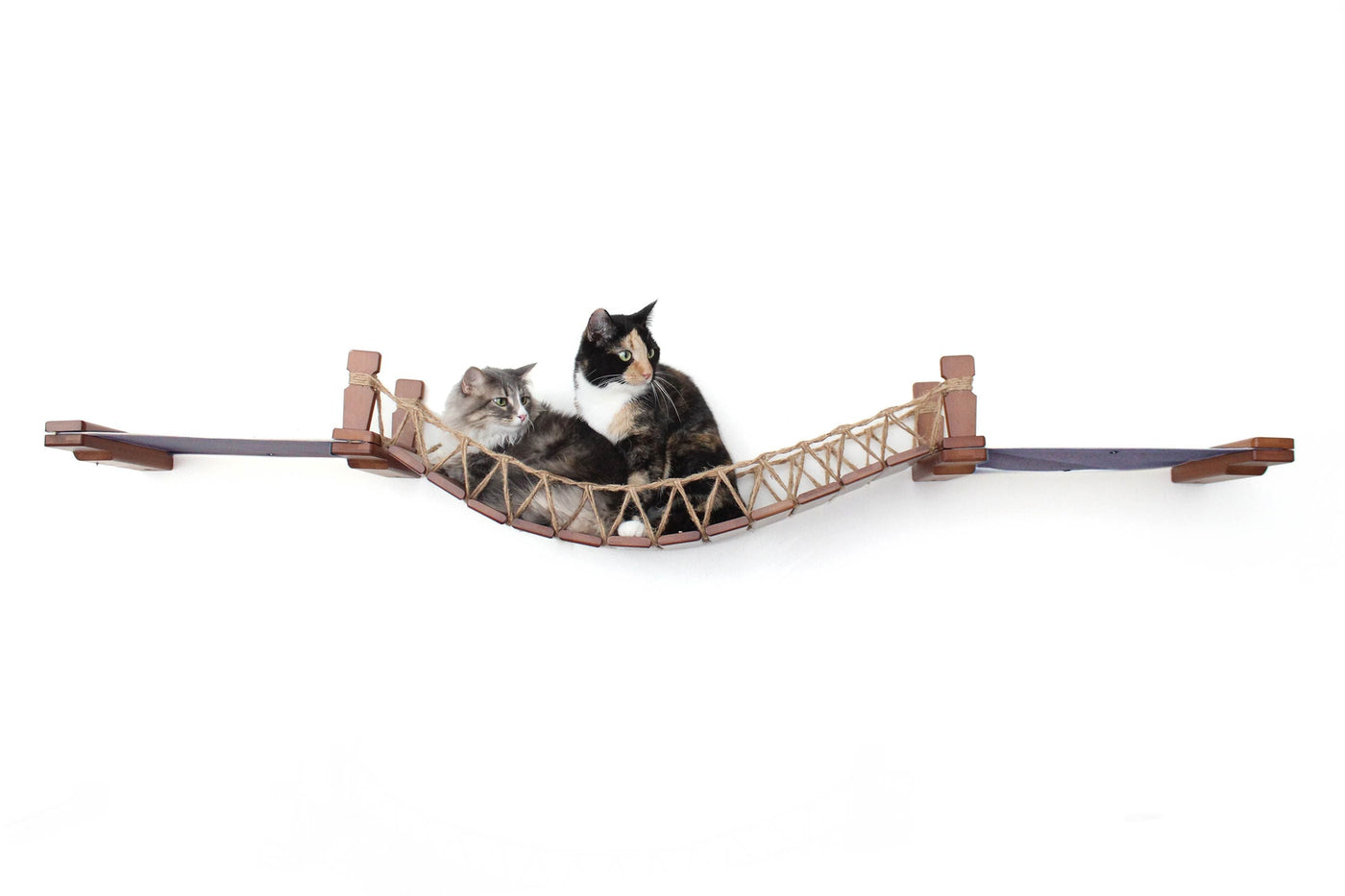 Wall mounted cat bridge with a canvas hammock at each end above a doorway