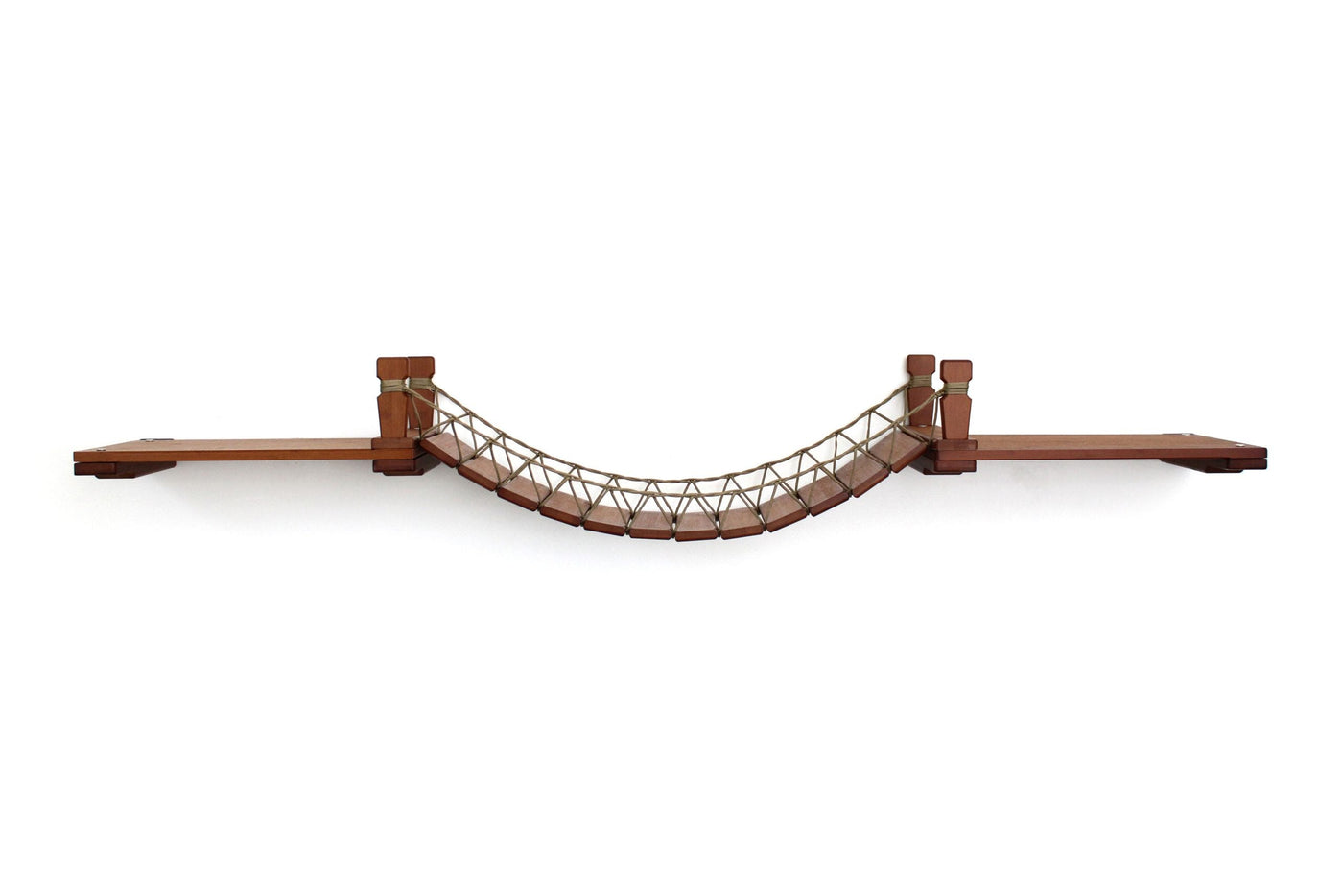 Wall mounted cat suspension bridge with a bamboo landing shelf at each end