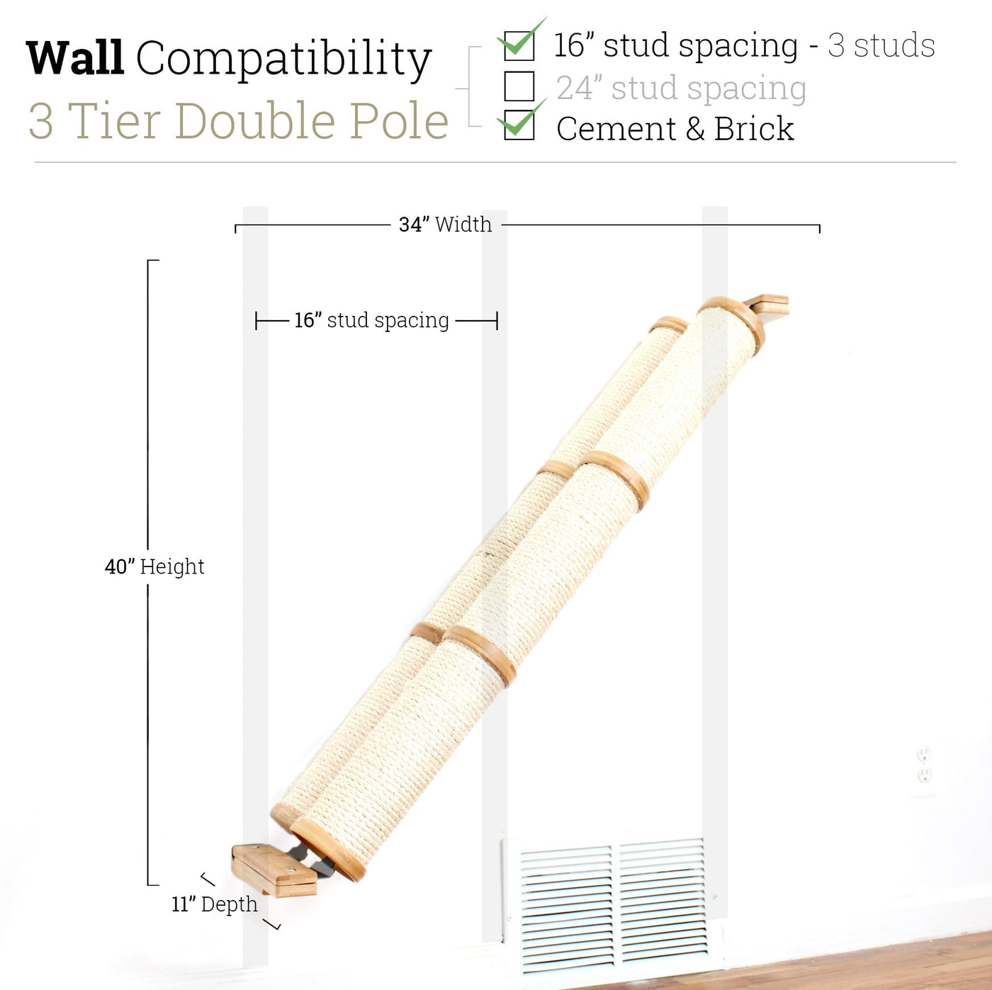 Wall mounted angled sisal cat scratcher installed on a low slope with steel mounting brackets visible