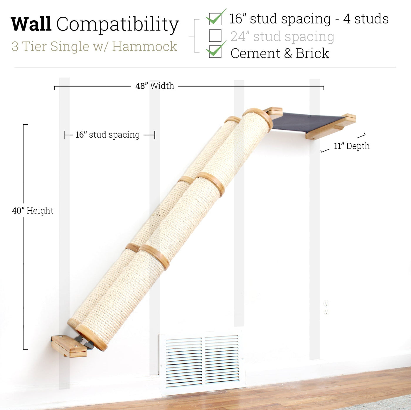 Wall mounted angled sisal cat scratcher installed on a low slope with steel mounting brackets visible