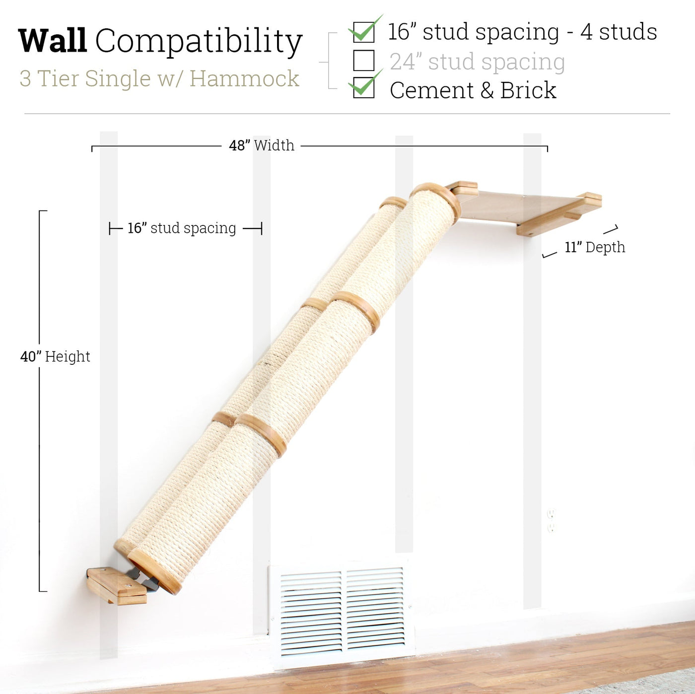 Wall mounted angled sisal cat scratcher installed on a low slope with steel mounting brackets visible