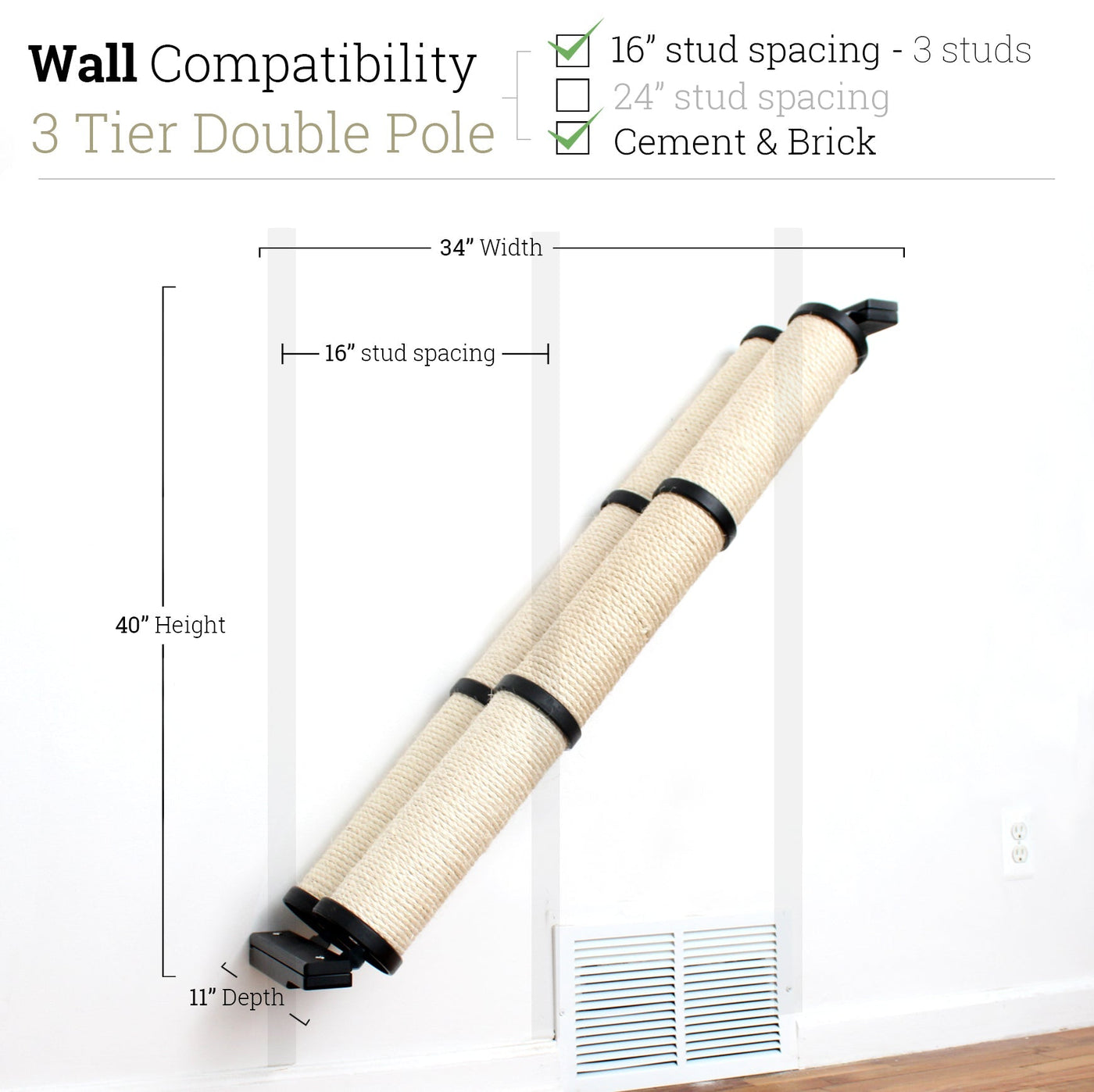 Wall mounted angled sisal cat scratcher installed on a low slope with steel mounting brackets visible