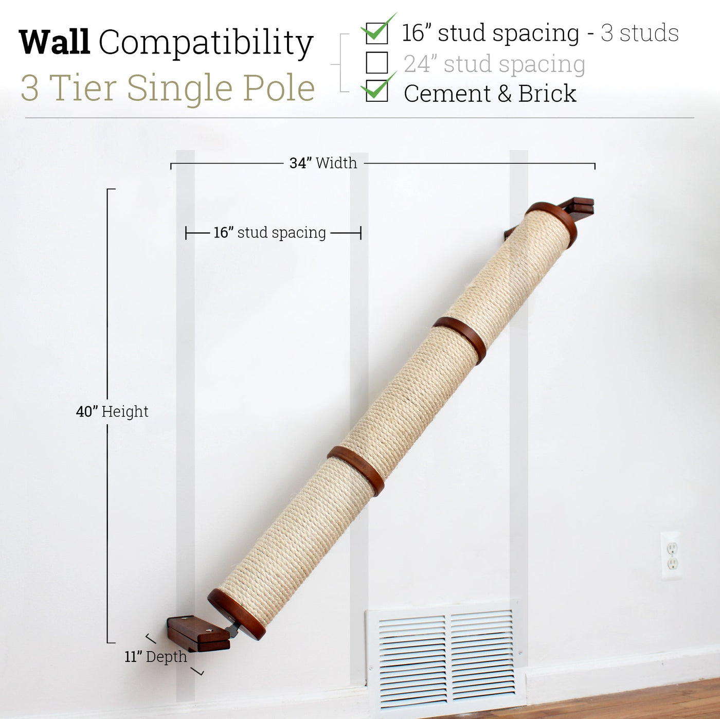 Wall mounted angled sisal cat scratcher installed on a low slope with steel mounting brackets visible