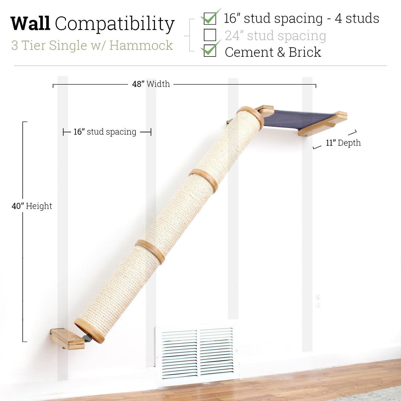 Wall mounted angled sisal cat scratcher installed on a low slope with steel mounting brackets visible