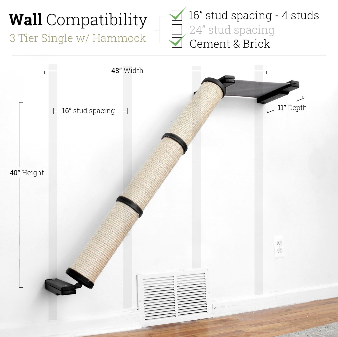 Wall mounted angled sisal cat scratcher installed on a low slope with steel mounting brackets visible