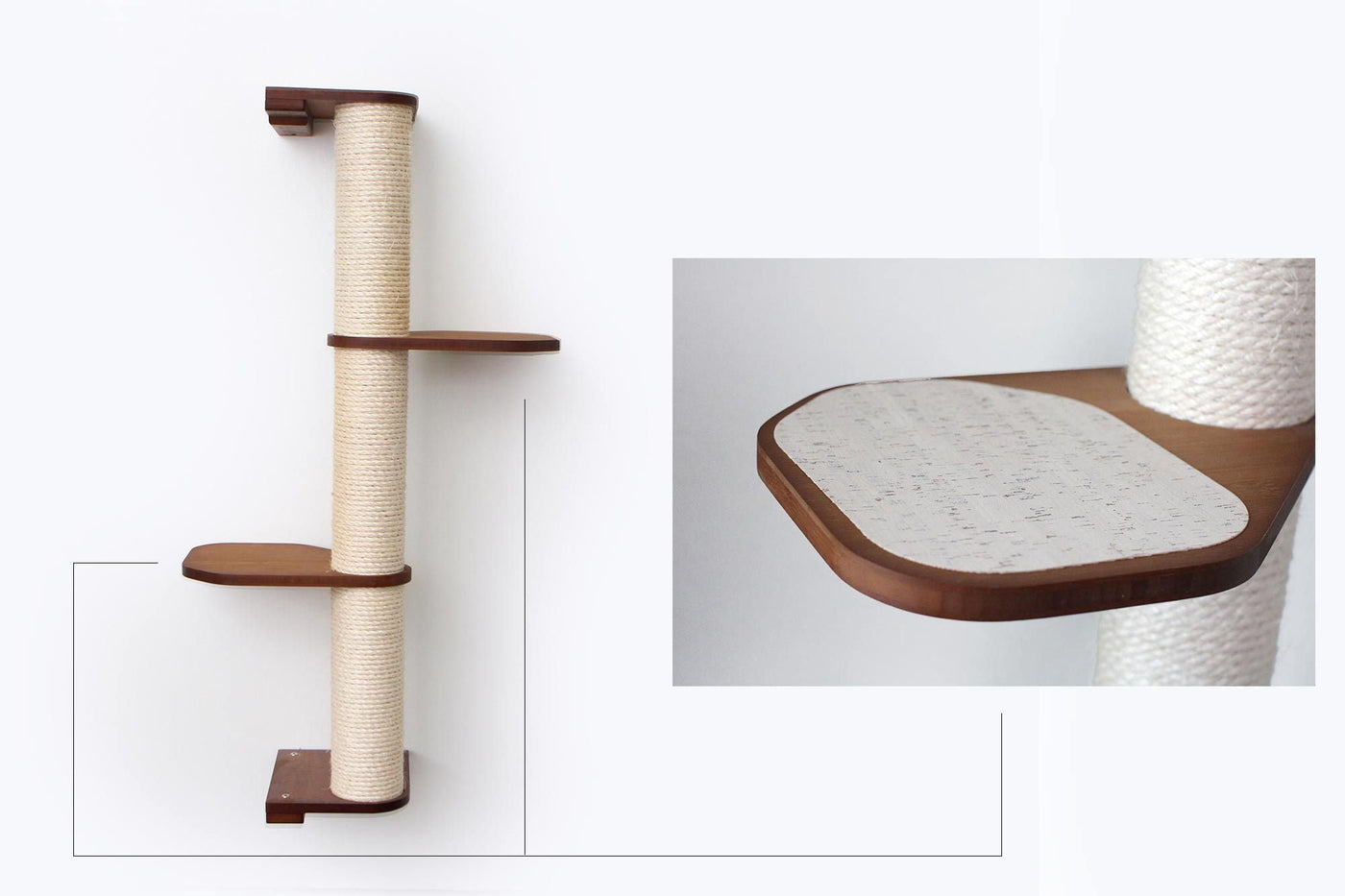 Wall mounted sisal cat scratching pole with a leaf shelf attached partway up