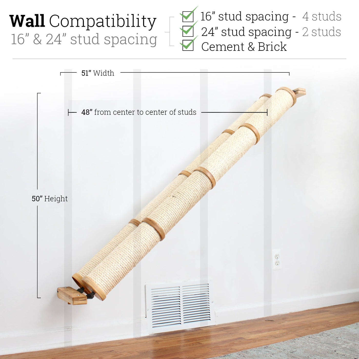 Wall mounted angled sisal cat scratcher installed on a low slope with steel mounting brackets visible
