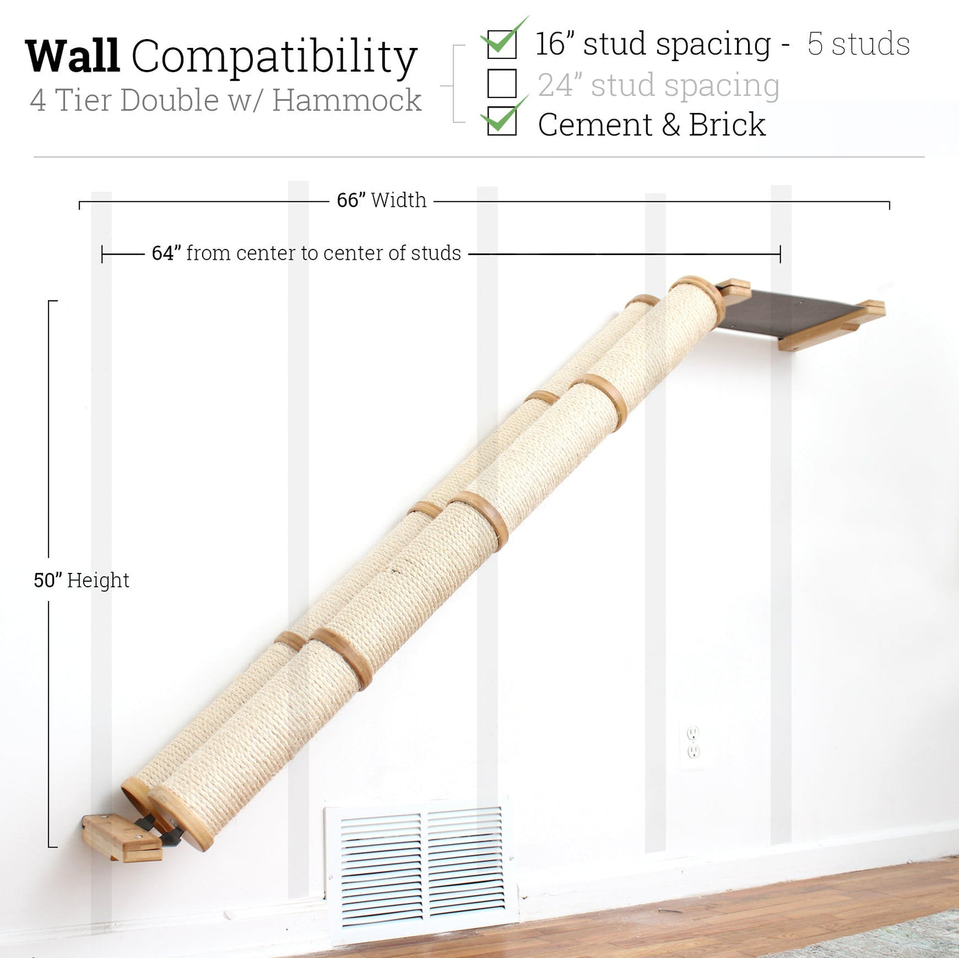 Wall mounted angled sisal cat scratcher installed on a low slope with steel mounting brackets visible