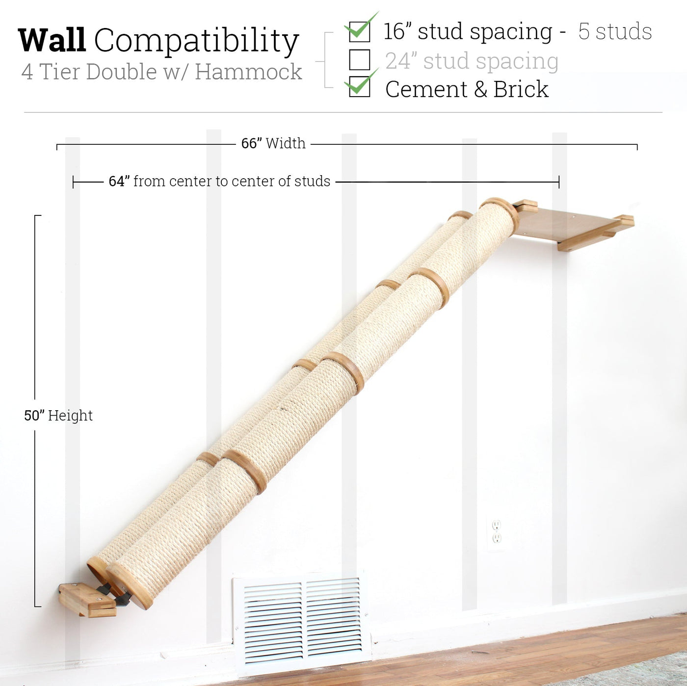 Wall mounted angled sisal cat scratcher installed on a low slope with steel mounting brackets visible