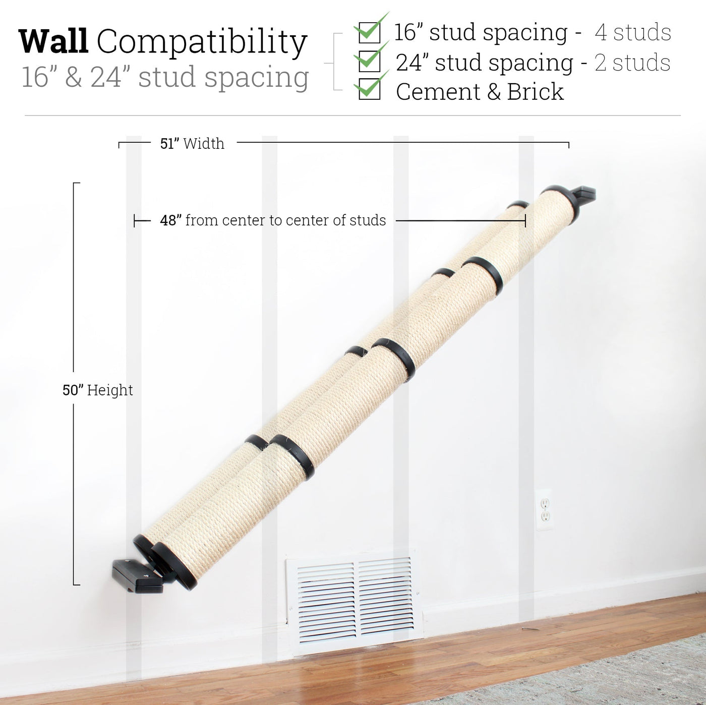 Wall mounted angled sisal cat scratcher installed on a low slope with steel mounting brackets visible