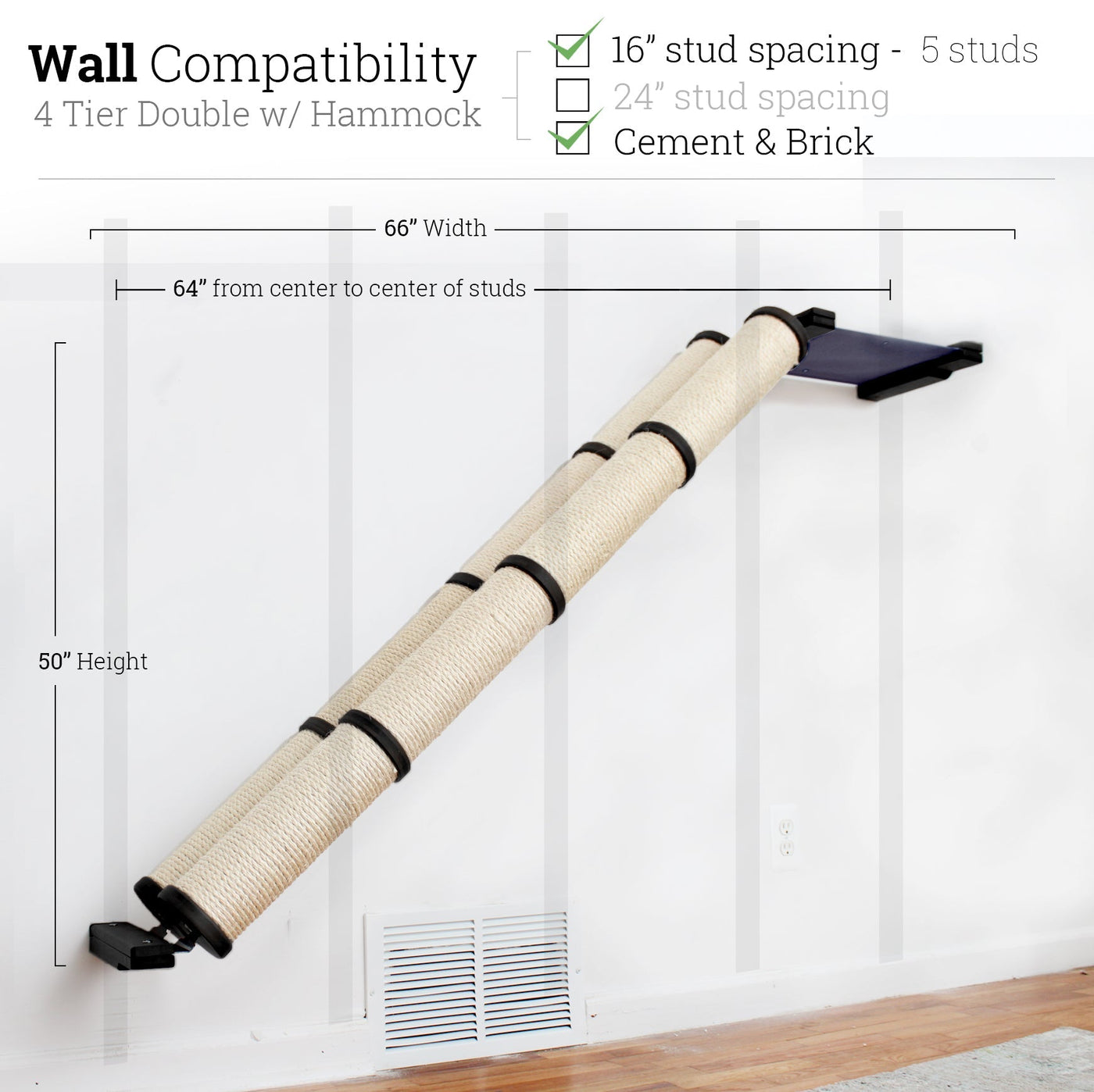 Wall mounted angled sisal cat scratcher installed on a low slope with steel mounting brackets visible