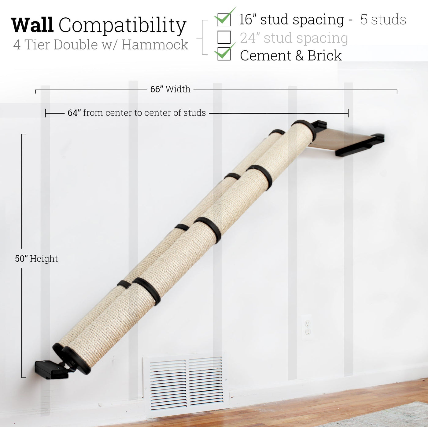 Wall mounted angled sisal cat scratcher installed on a low slope with steel mounting brackets visible