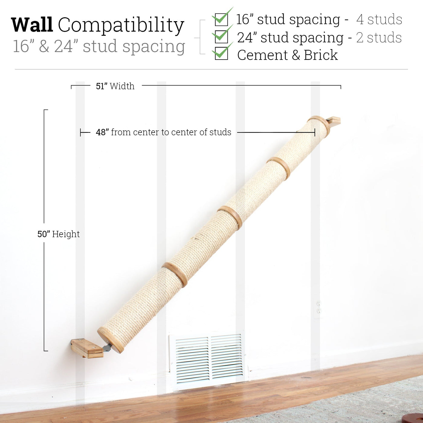 Wall mounted angled sisal cat scratcher installed on a low slope with steel mounting brackets visible
