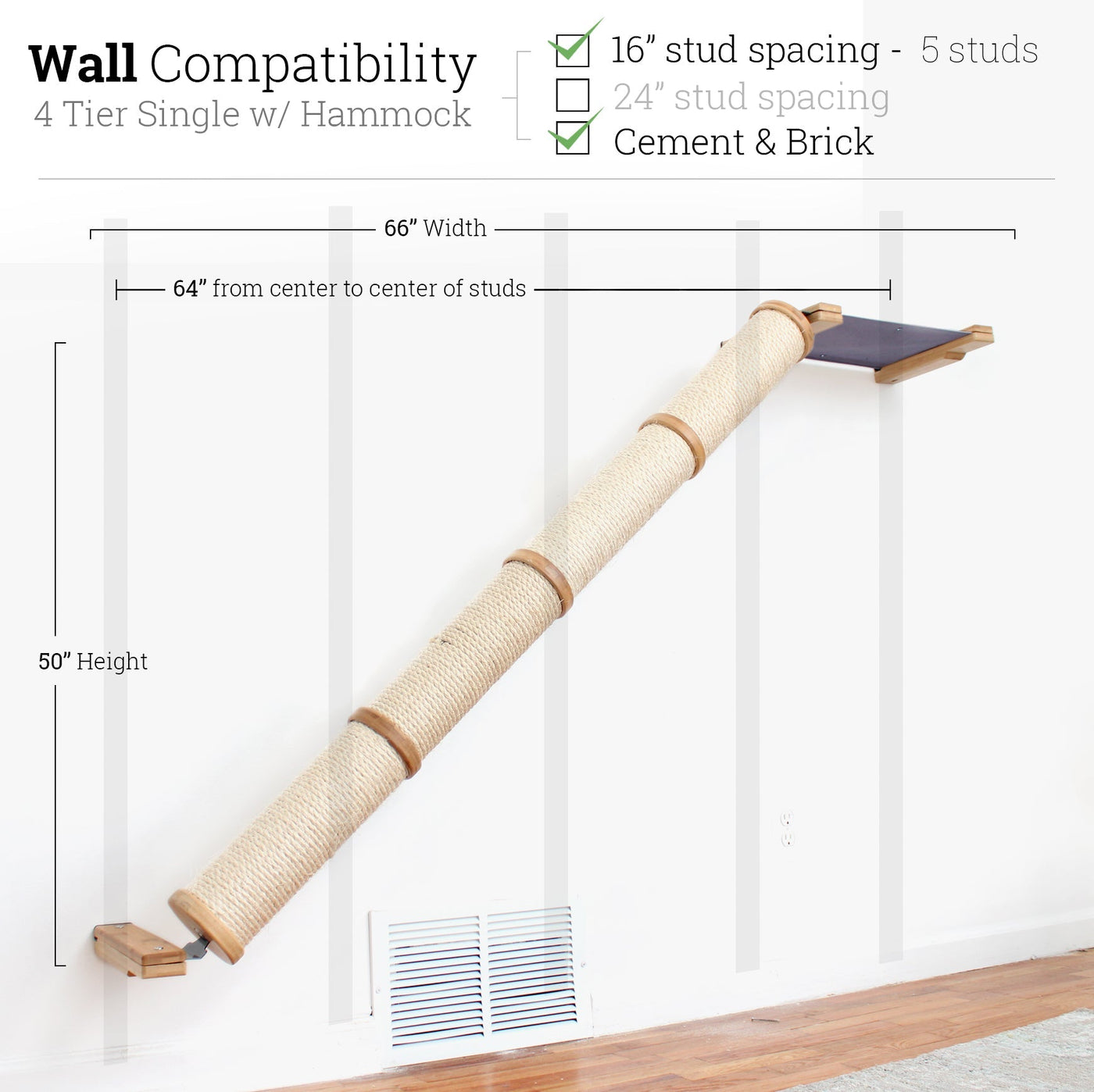 Wall mounted angled sisal cat scratcher installed on a low slope with steel mounting brackets visible