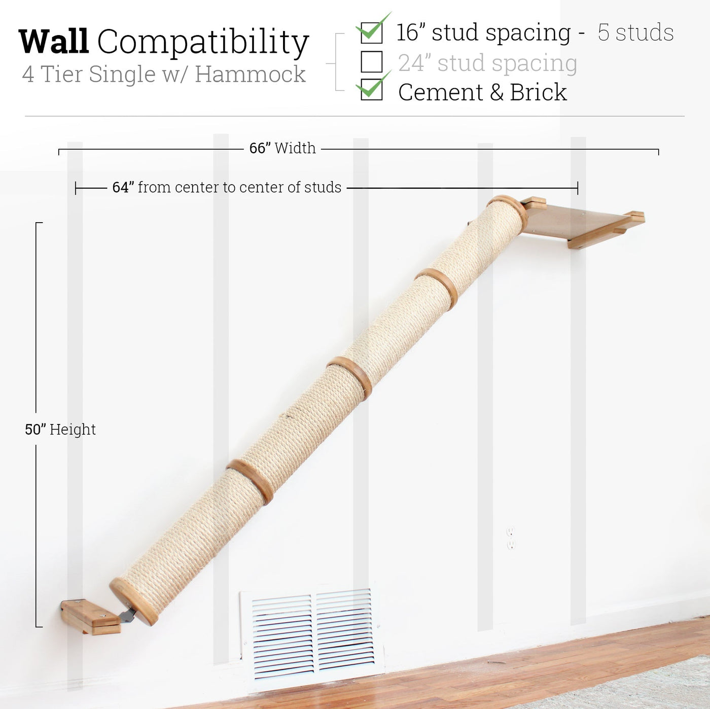 Wall mounted angled sisal cat scratcher installed on a low slope with steel mounting brackets visible