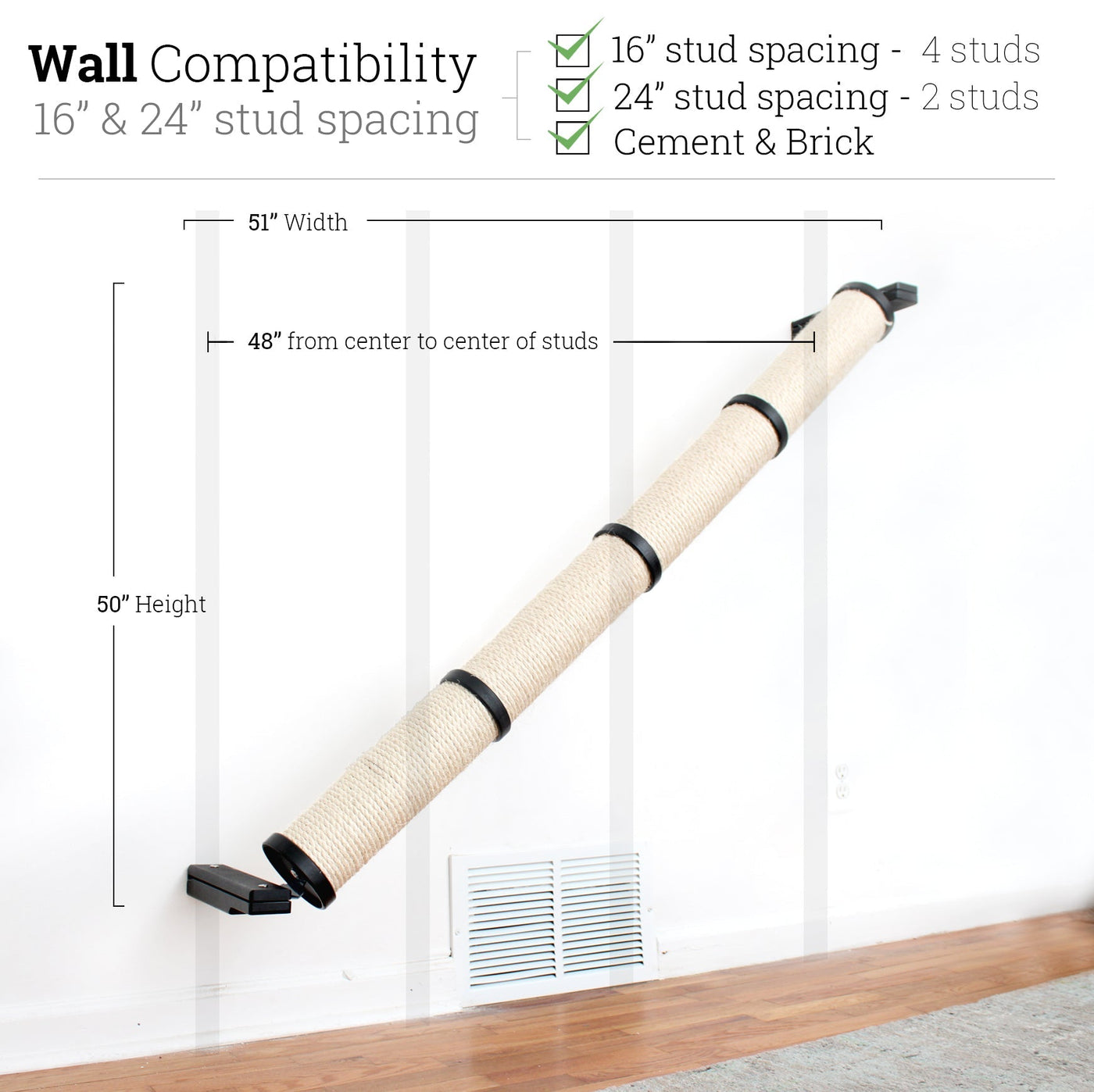 Wall mounted angled sisal cat scratcher installed on a low slope with steel mounting brackets visible