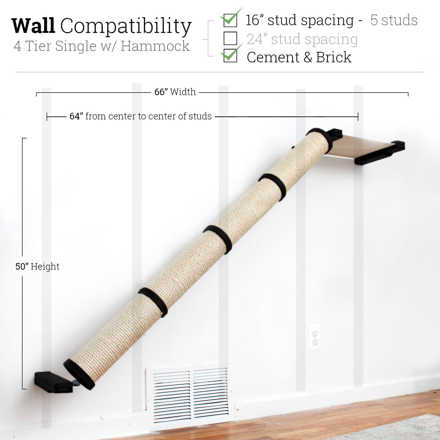 Wall mounted angled sisal cat scratcher installed on a low slope with steel mounting brackets visible