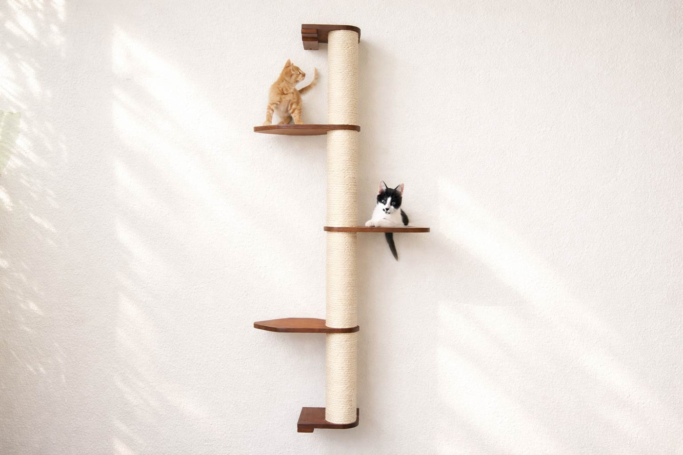 Wall mounted sisal cat scratching pole with a leaf shelf attached partway up