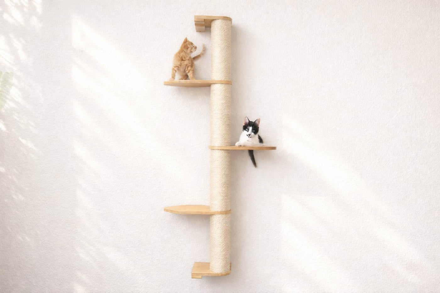 Wall mounted sisal cat scratching pole with a leaf shelf attached partway up