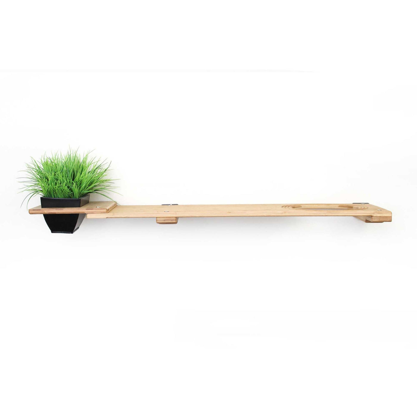 Wall mounted bamboo cat perch shelf with planter pots of greenery on either side