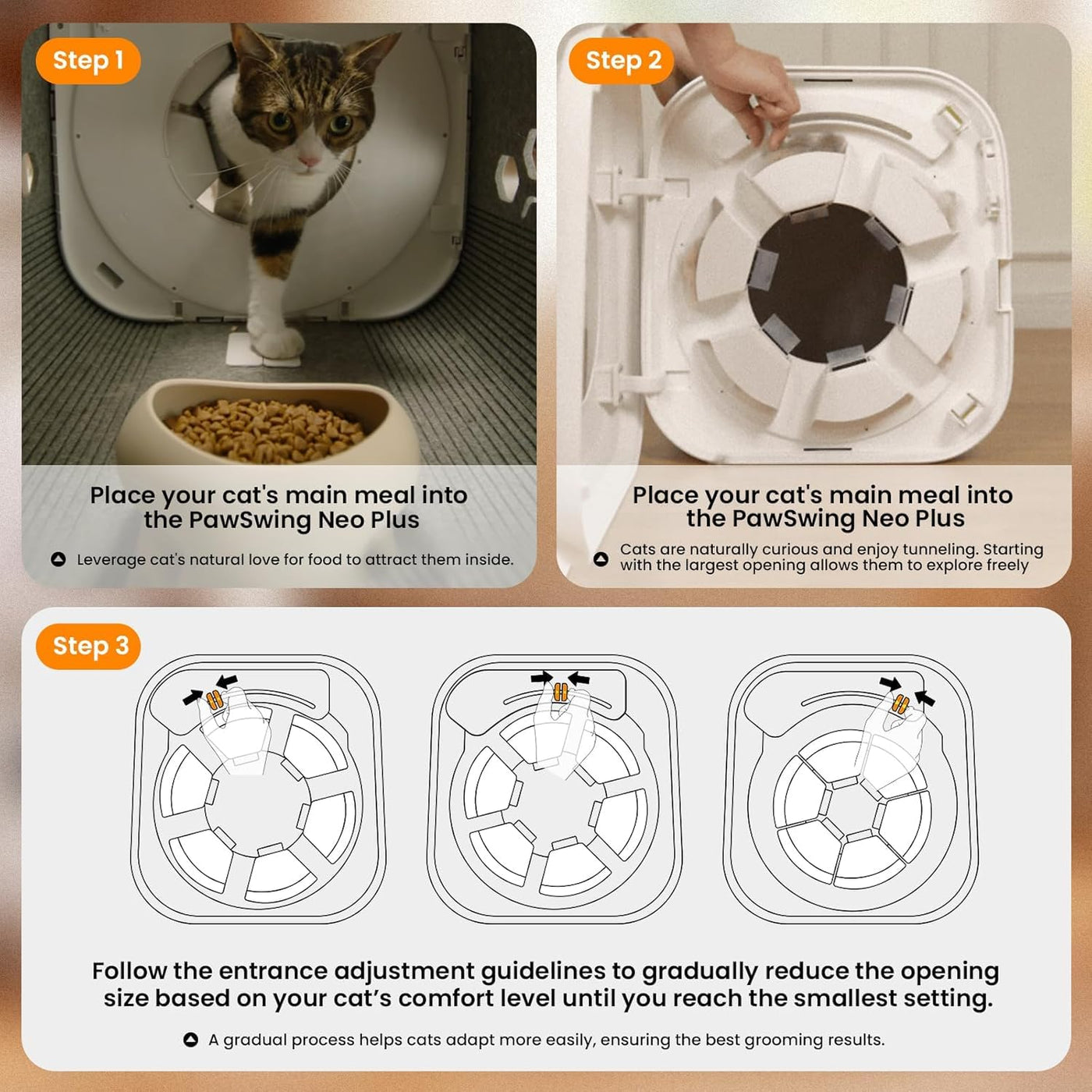 Cat self groomer box with 360 degree silicone brushes and a fur collection chamber