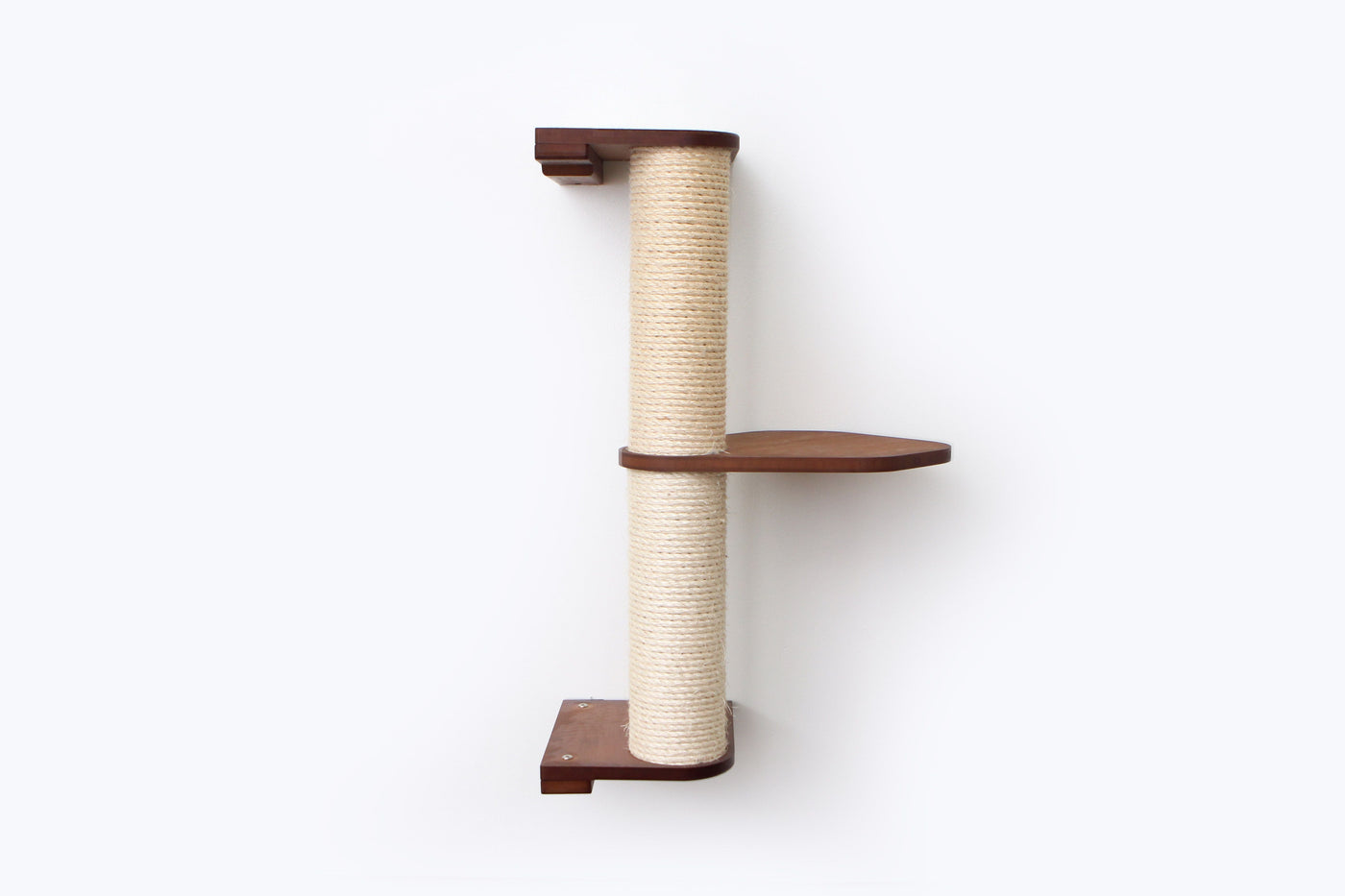 Wall mounted sisal cat scratching pole with a leaf shelf attached partway up