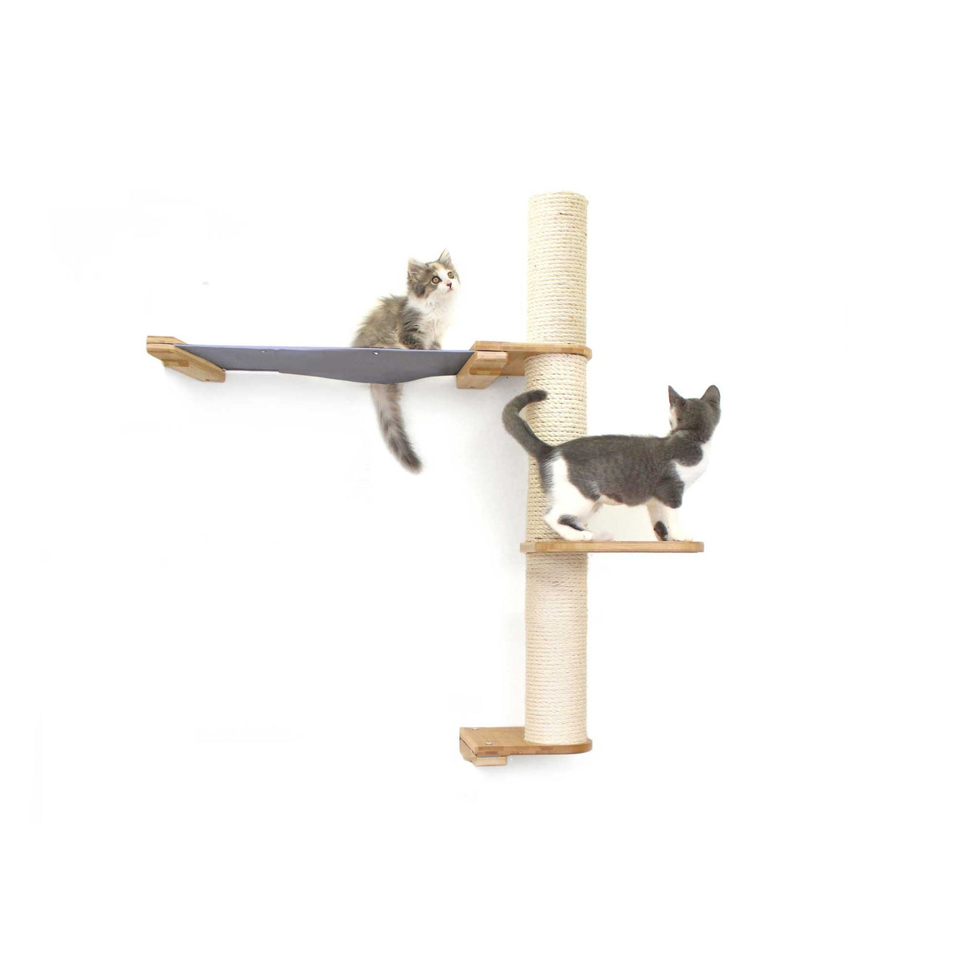Tall wall mounted cat scratcher tree with a sisal pole installed high near the ceiling