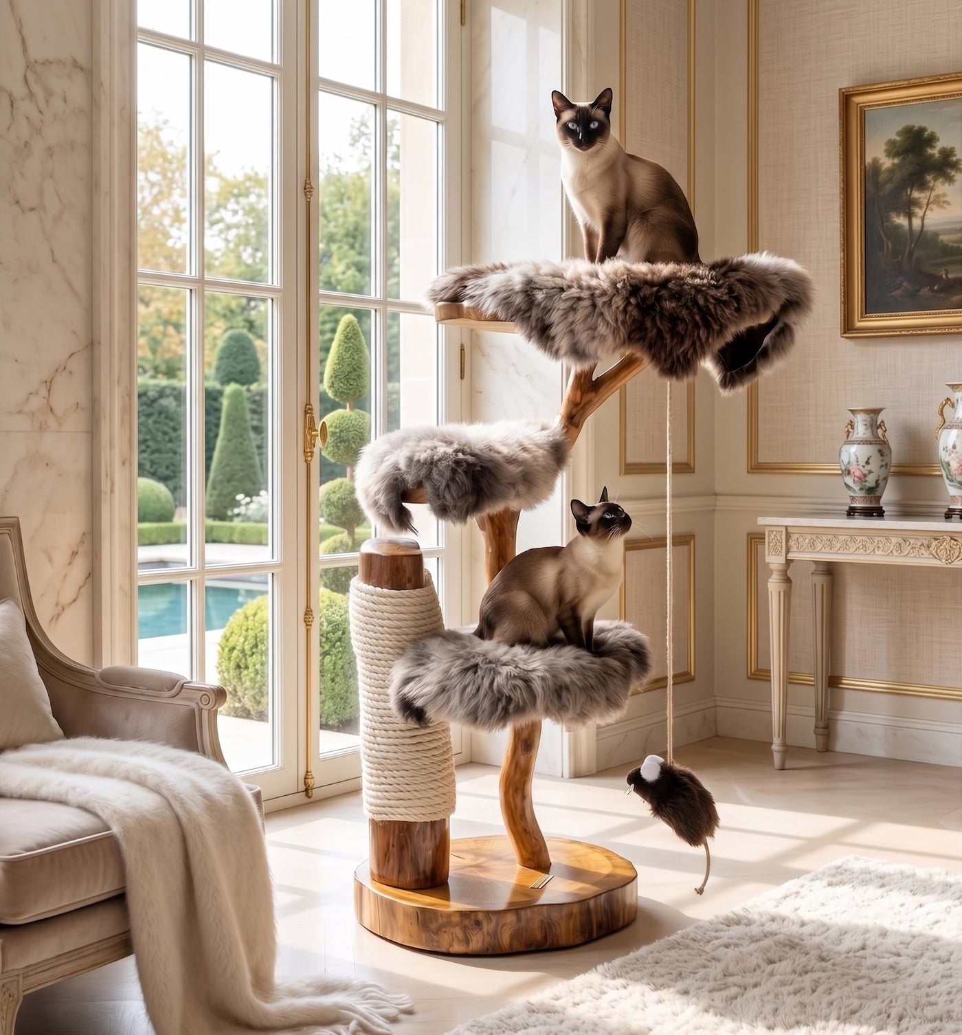 Oak Cat Tree with Resin River Base by Sophisticated Scratch
