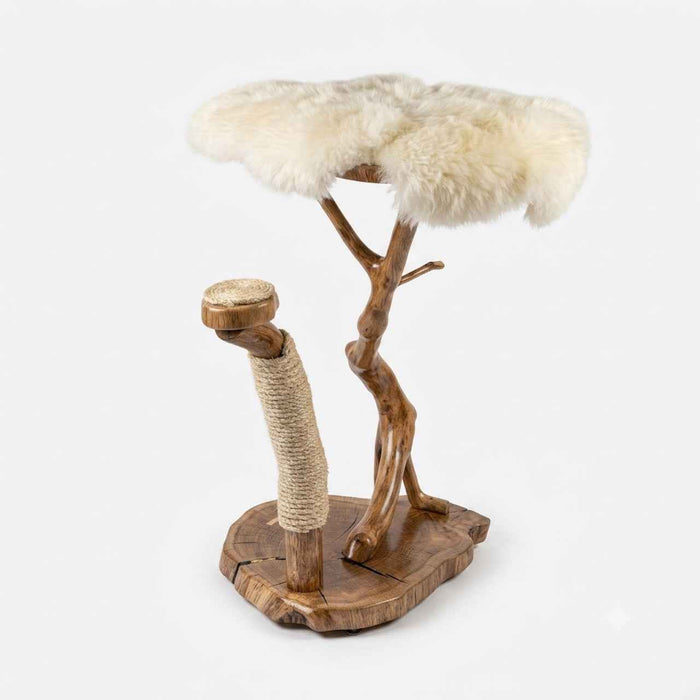 Solid Oak Cat Tree with Sheepskin Bed