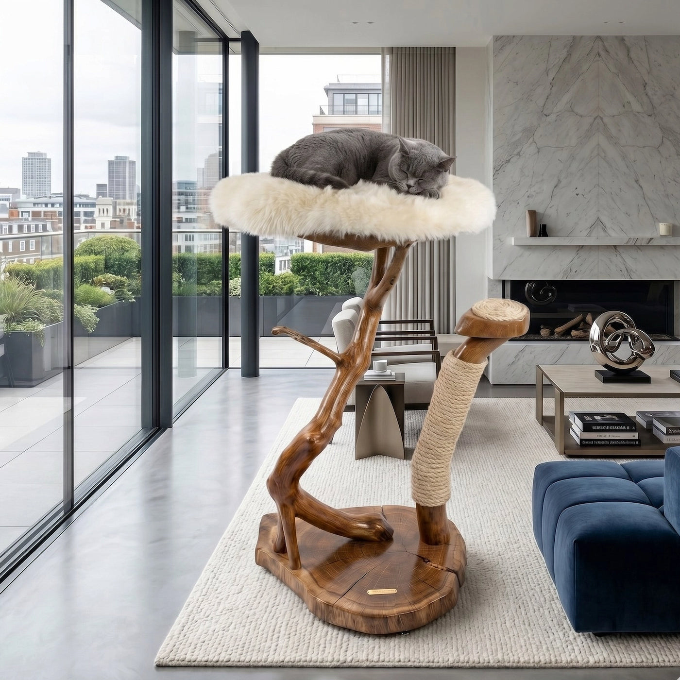 Solid Oak Cat Tree with Sheepskin Bed by Sophisticated Scratch, view 2