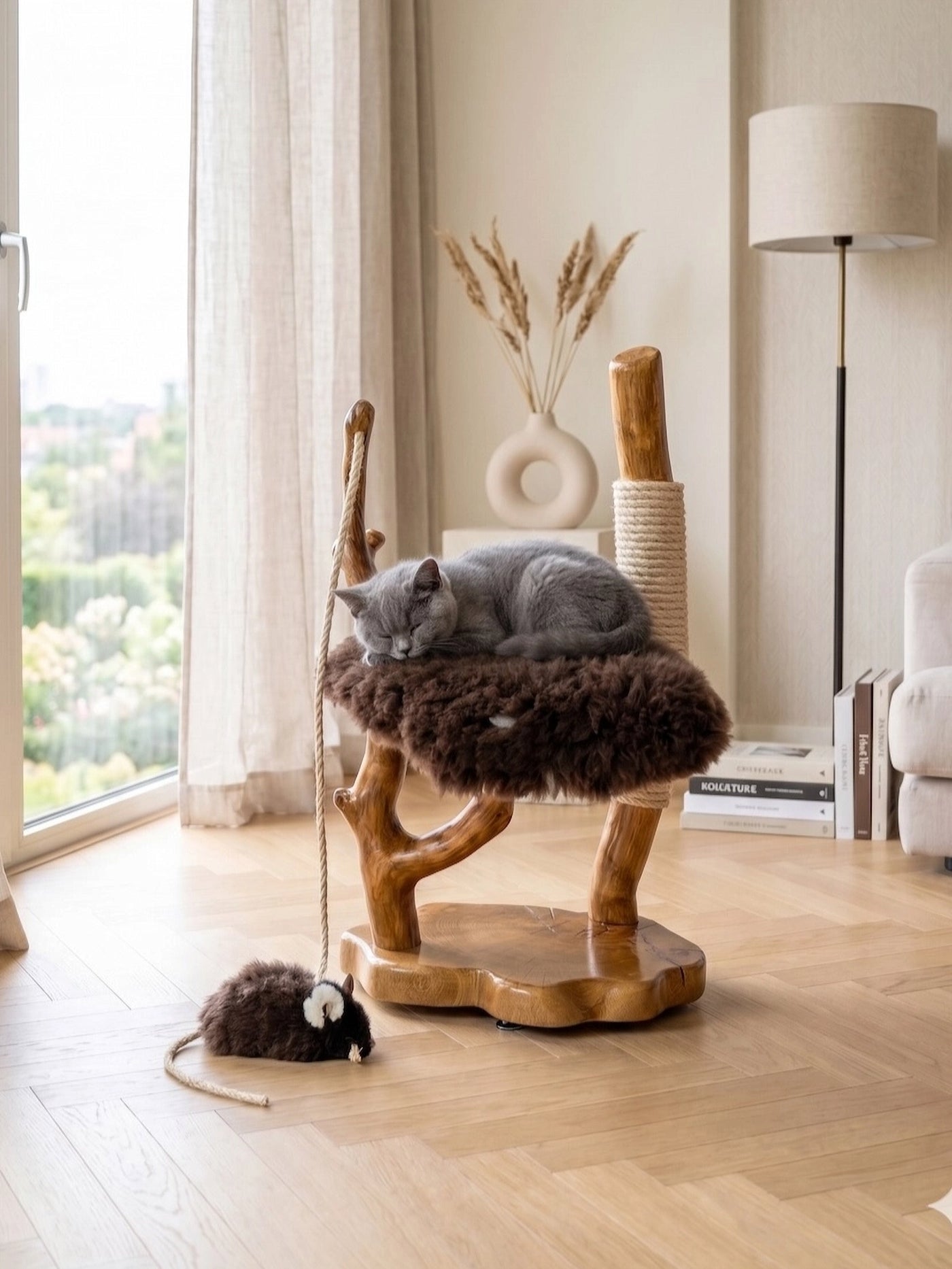 Bespoke Oak Cat Tree with Premium Sheepskin by Sophisticated Scratch