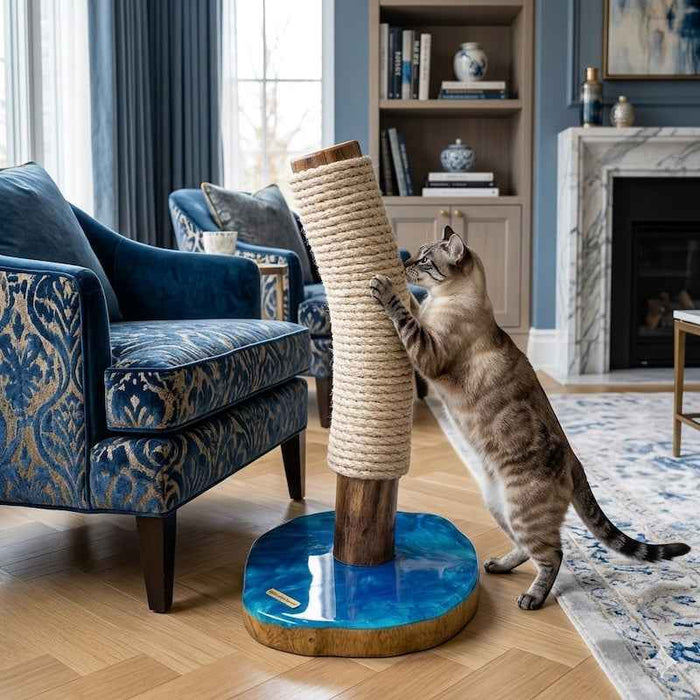 Oak Cat Scratcher with Marbled Blue Resin Base