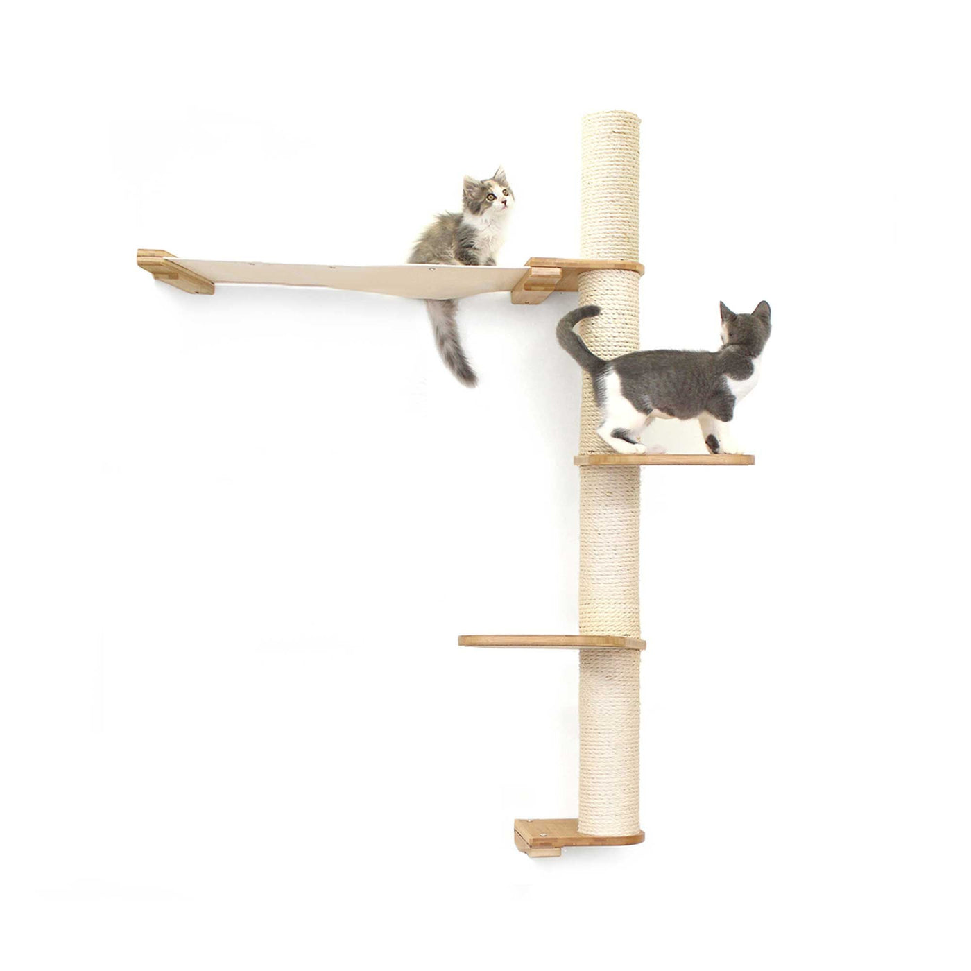 Tall wall mounted cat scratcher tree with a sisal pole installed high near the ceiling