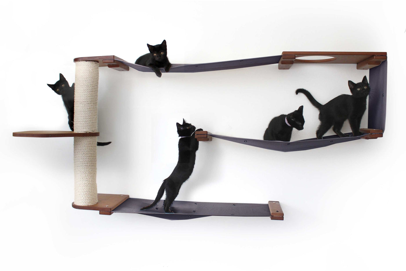 Wall mounted bamboo cat maze condo with interlocking panels and a small escape hatch opening