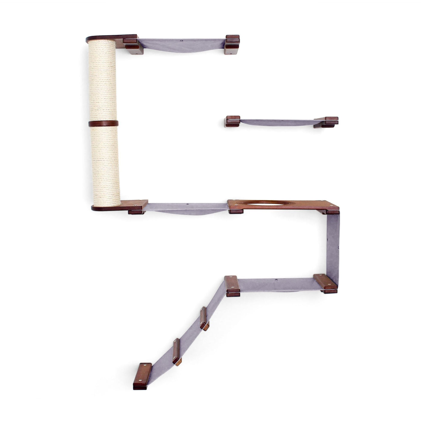 Tall narrow wall mounted cat fort condo with an entry ramp, escape hatch, and stacked canvas hammocks