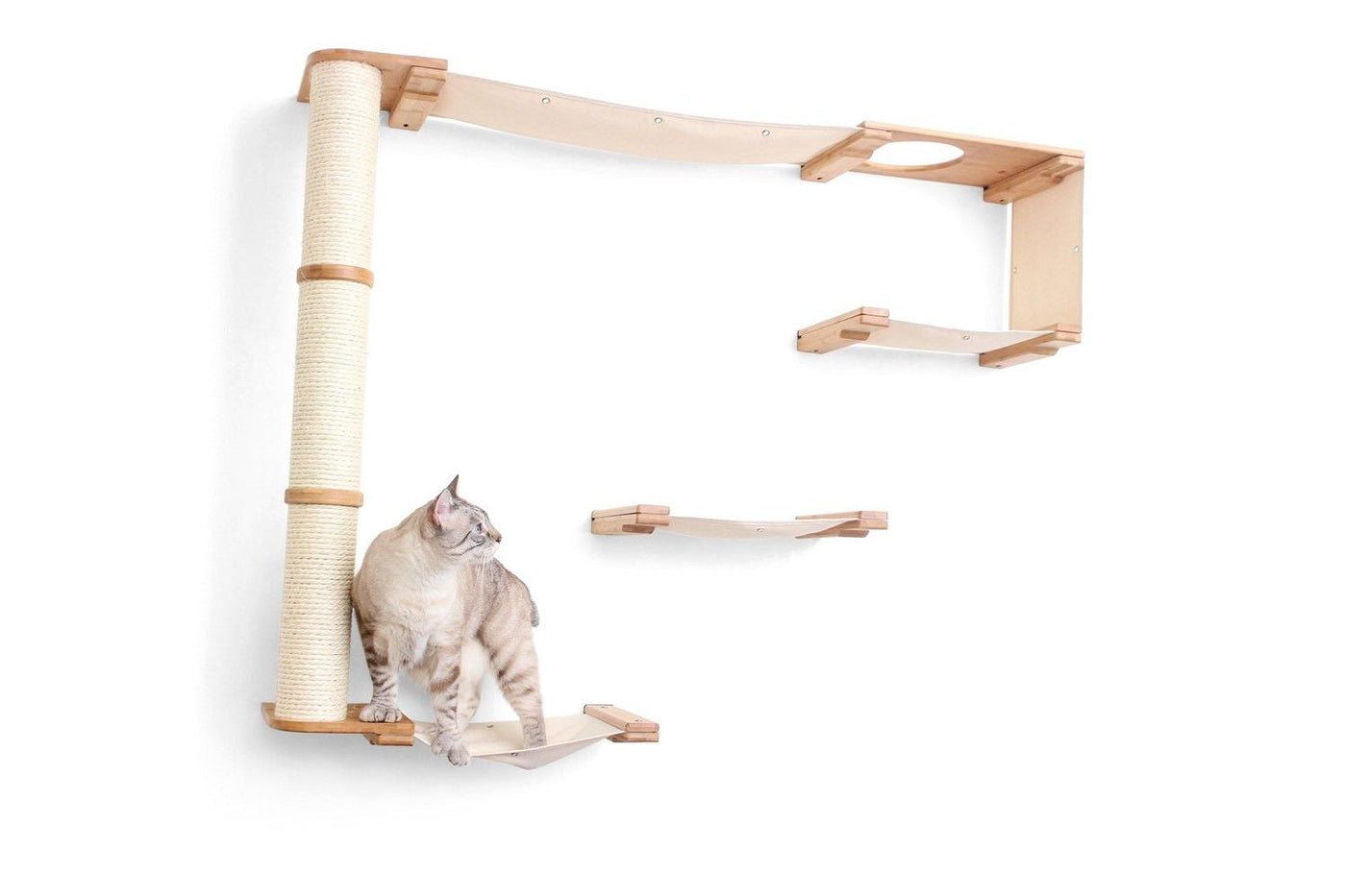 Wall mounted cat condo with a tall three-tier sisal scratching pole and stacked platforms