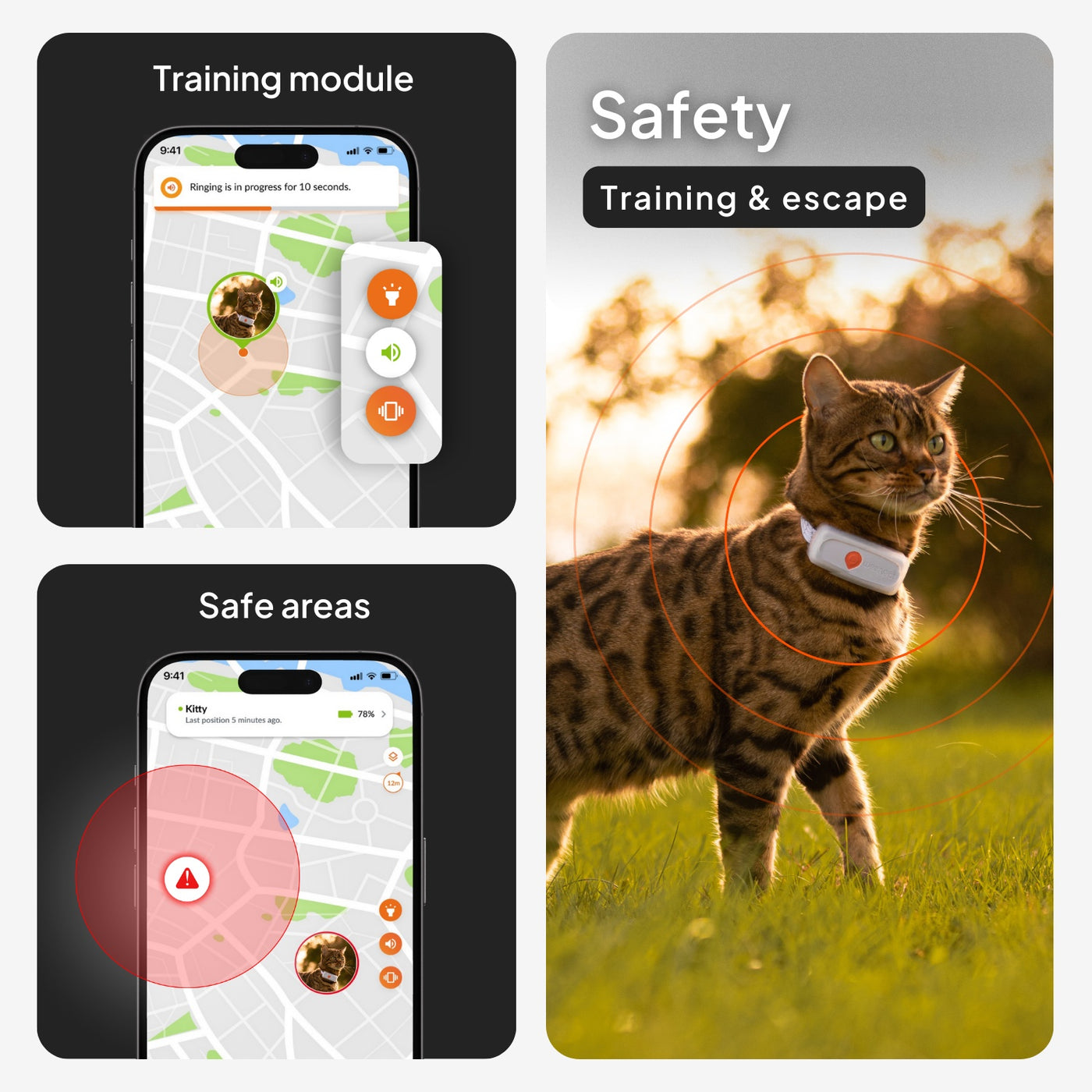 Weenect app showing a safe zone with an escape alert for a cat