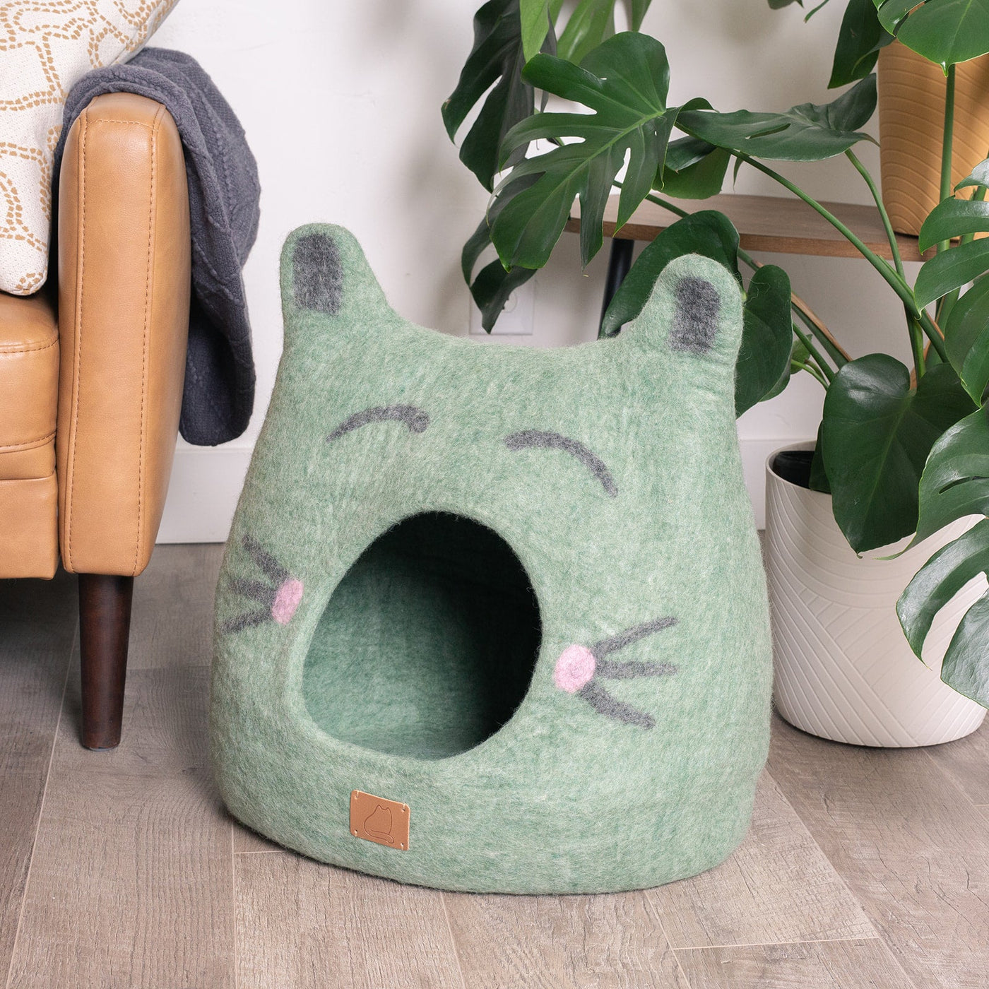 Cat Face Cave, Ears, a felted wool cat cave bed by Fuzzy Cove