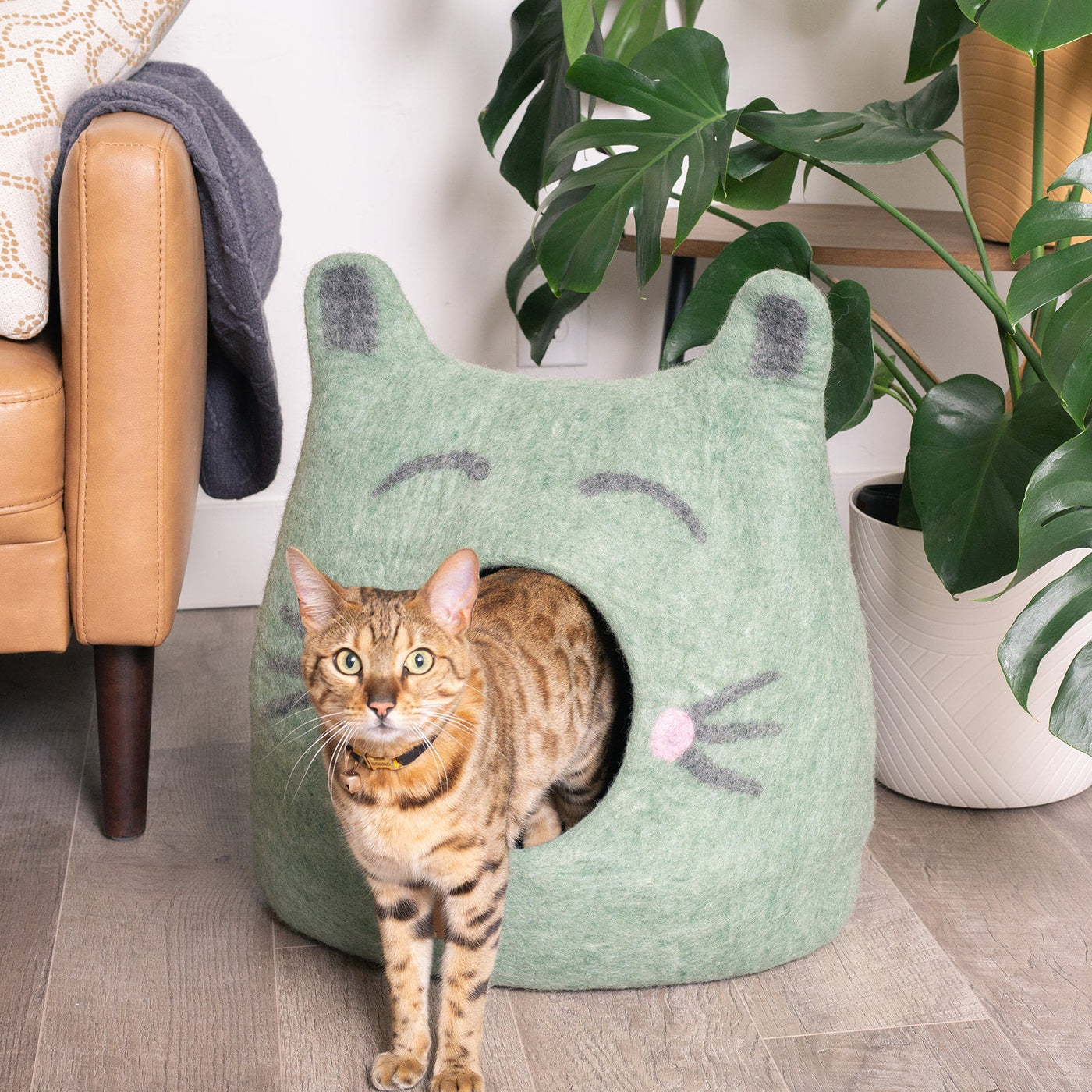 Cat Face Cave, Ears, a felted wool cat cave bed by Fuzzy Cove