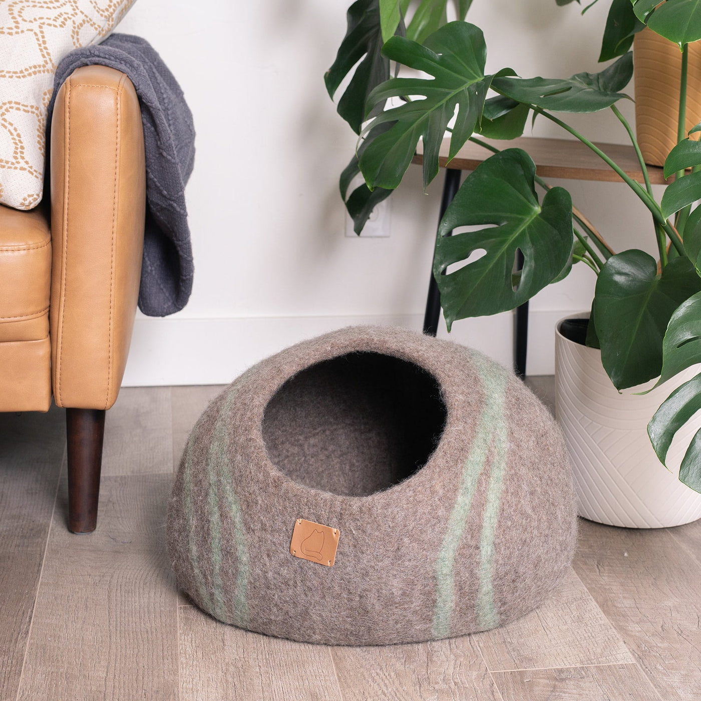 Stripe Cat Cave, Round, a felted wool cat cave bed by Fuzzy Cove