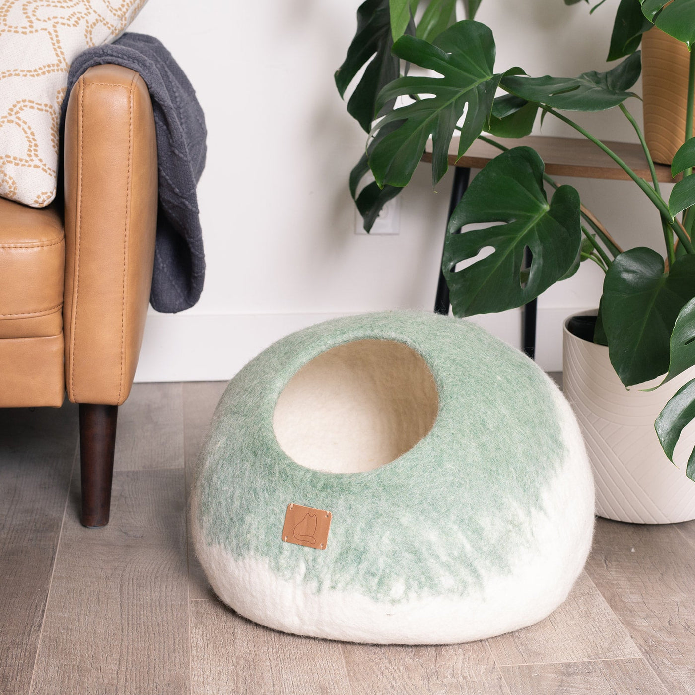 Burst Cat Cave, Round, a felted wool cat cave bed by Fuzzy Cove
