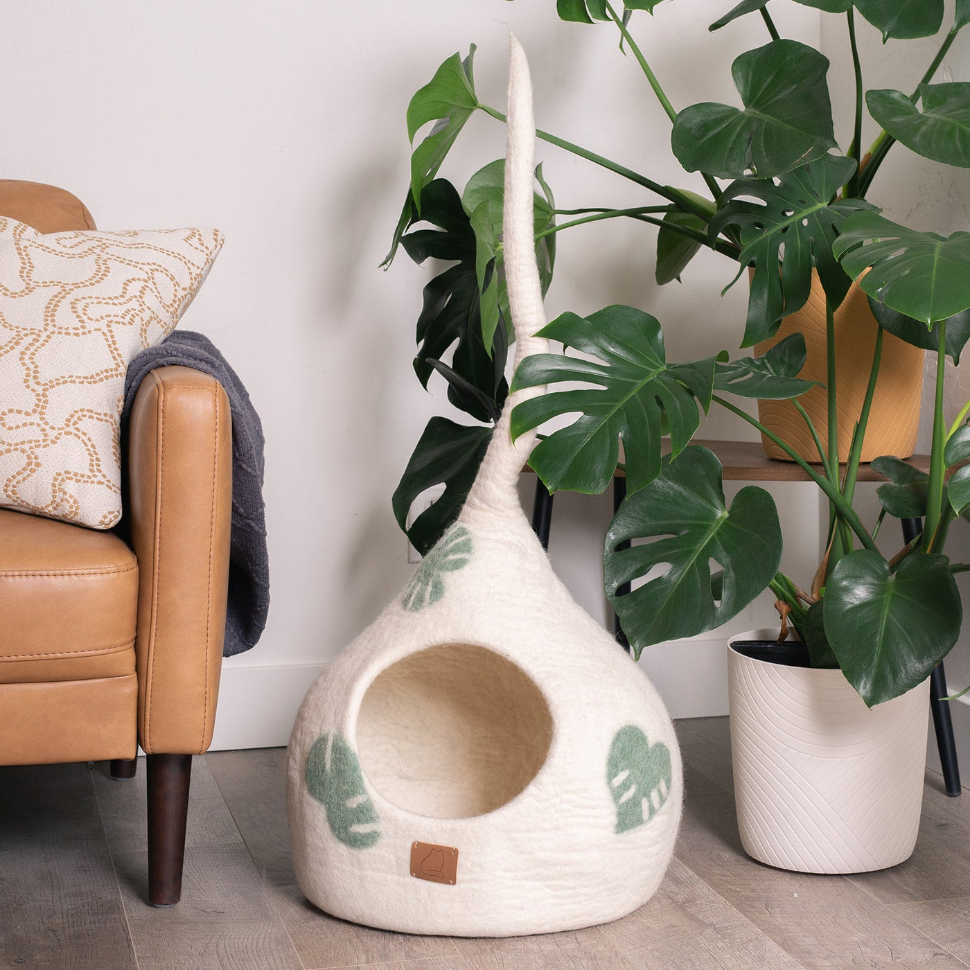Leaf Cat Cave, Tail, a felted wool cat cave bed by Fuzzy Cove