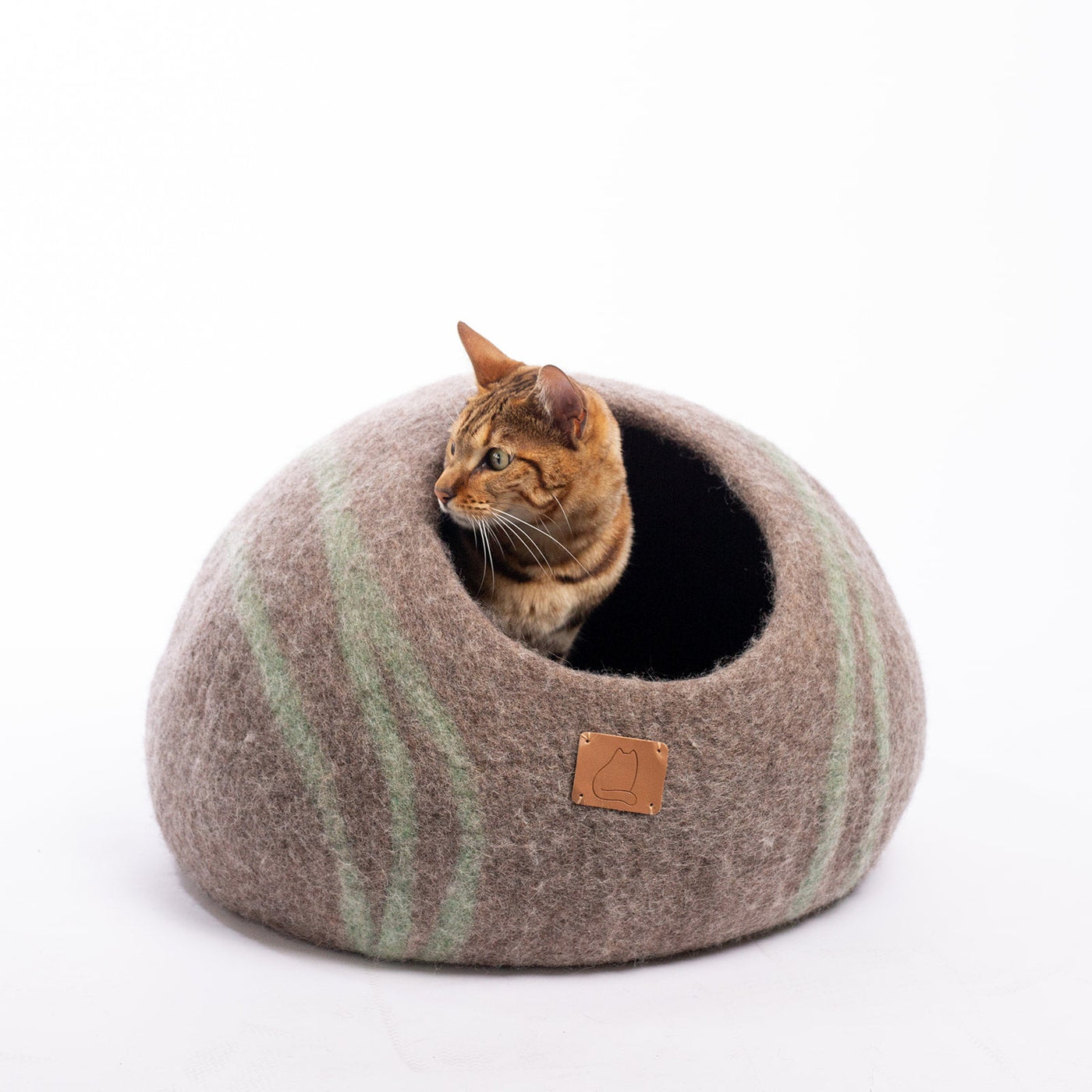 Stripe Cat Cave, Round, a felted wool cat cave bed by Fuzzy Cove