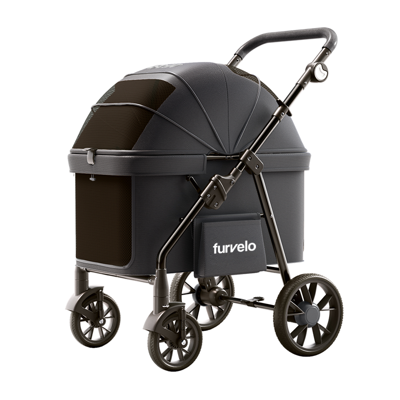 Furvelo Wagon cat stroller in black with large wheels and mesh windows