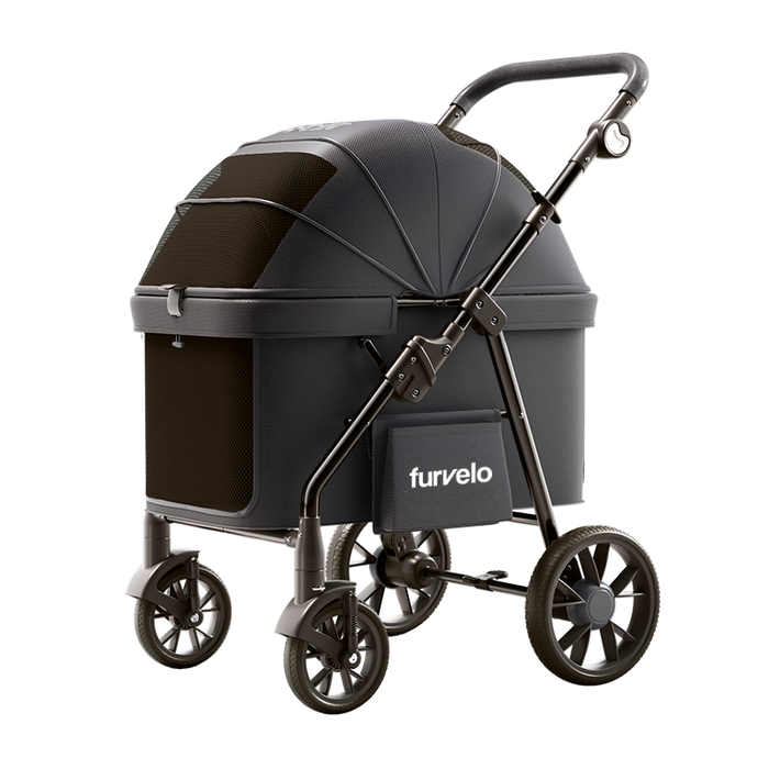Furvelo Wagon cat stroller in black with large wheels and mesh windows