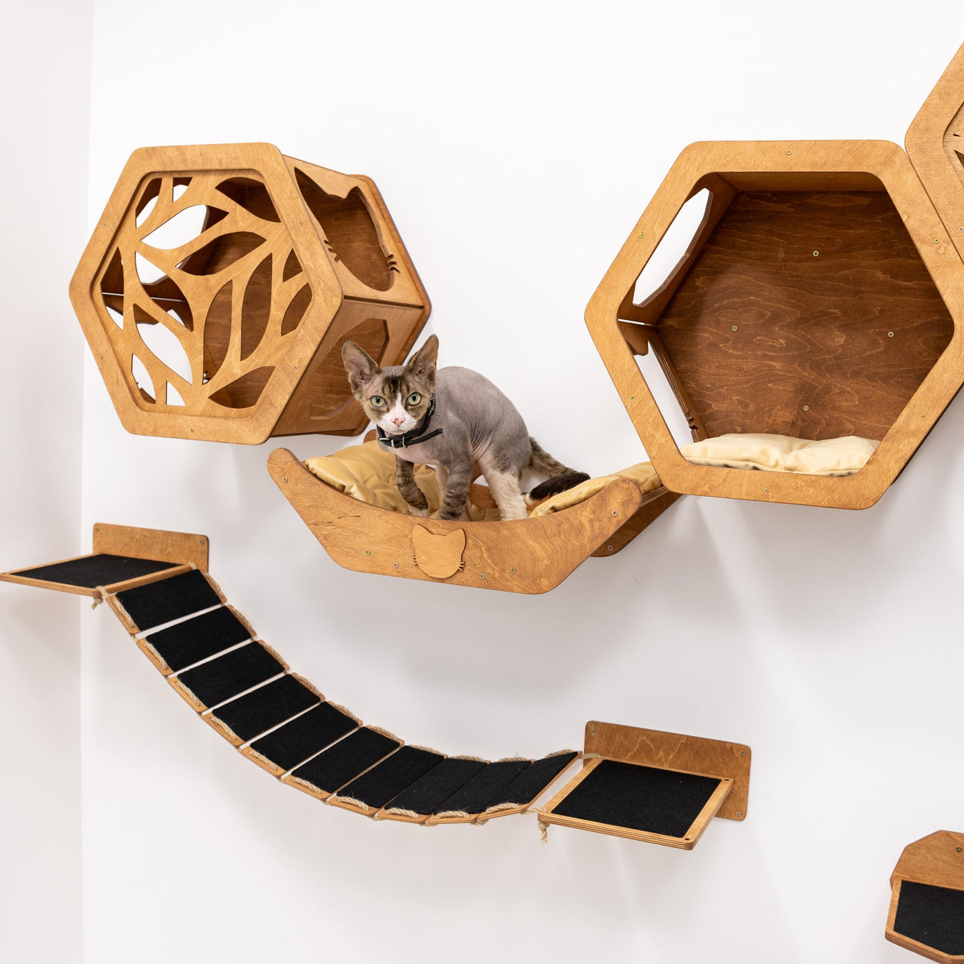 Wall Hexagon Cat House Set 3 Felt +bridge + Basket for Cats