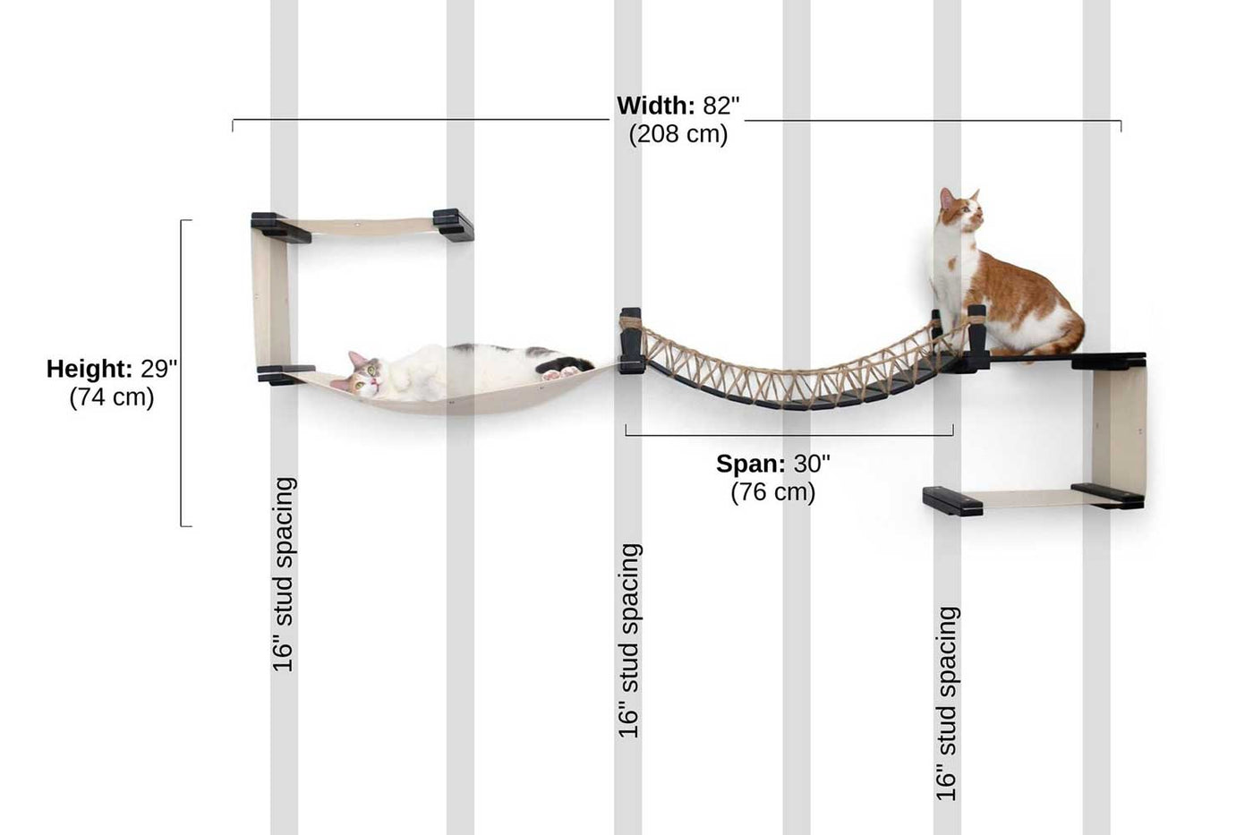 Wide wall mounted bamboo cat condo with a canvas bridge and several resting platforms