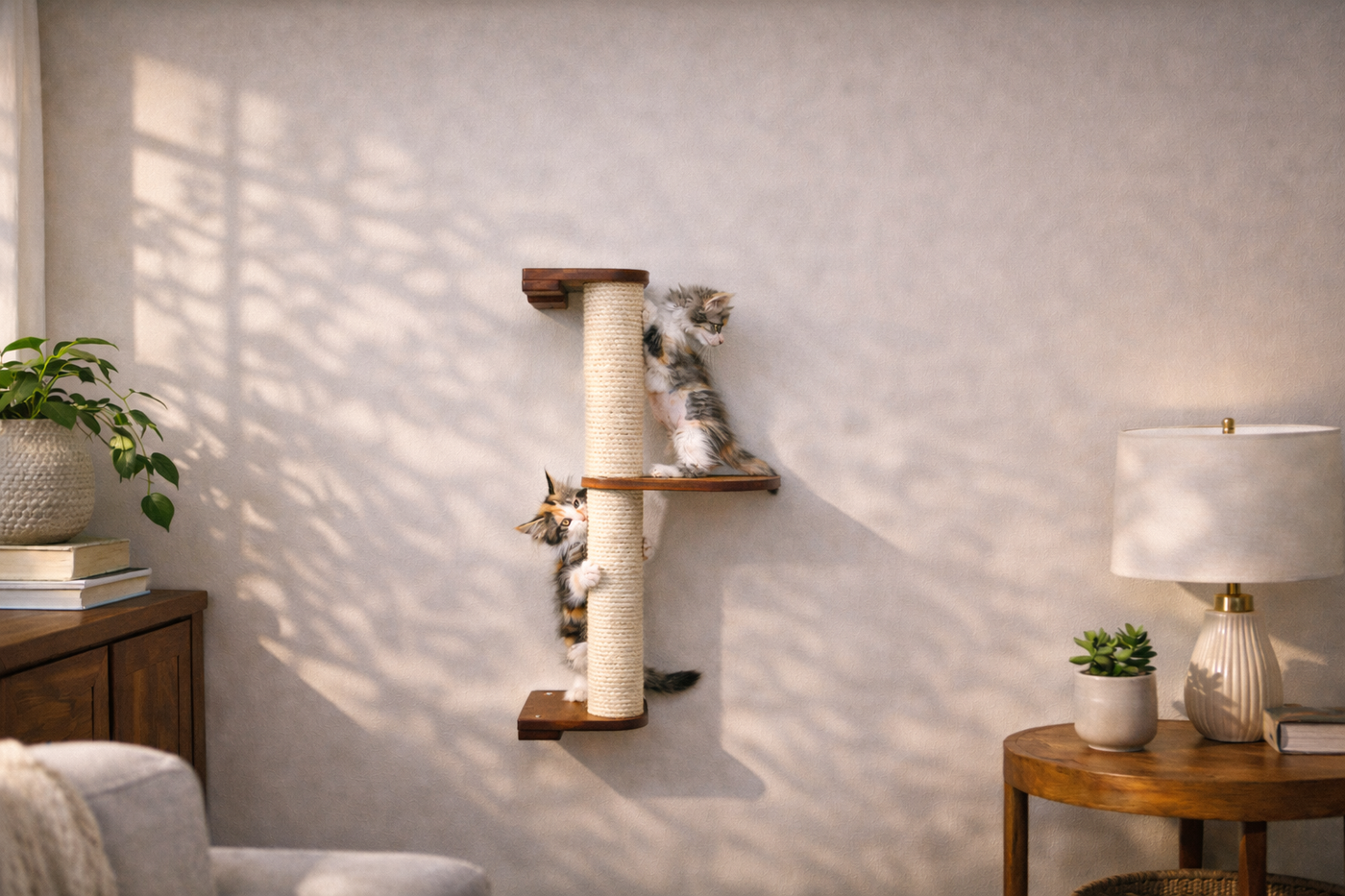 Wall mounted sisal cat scratching pole with a leaf shelf attached partway up