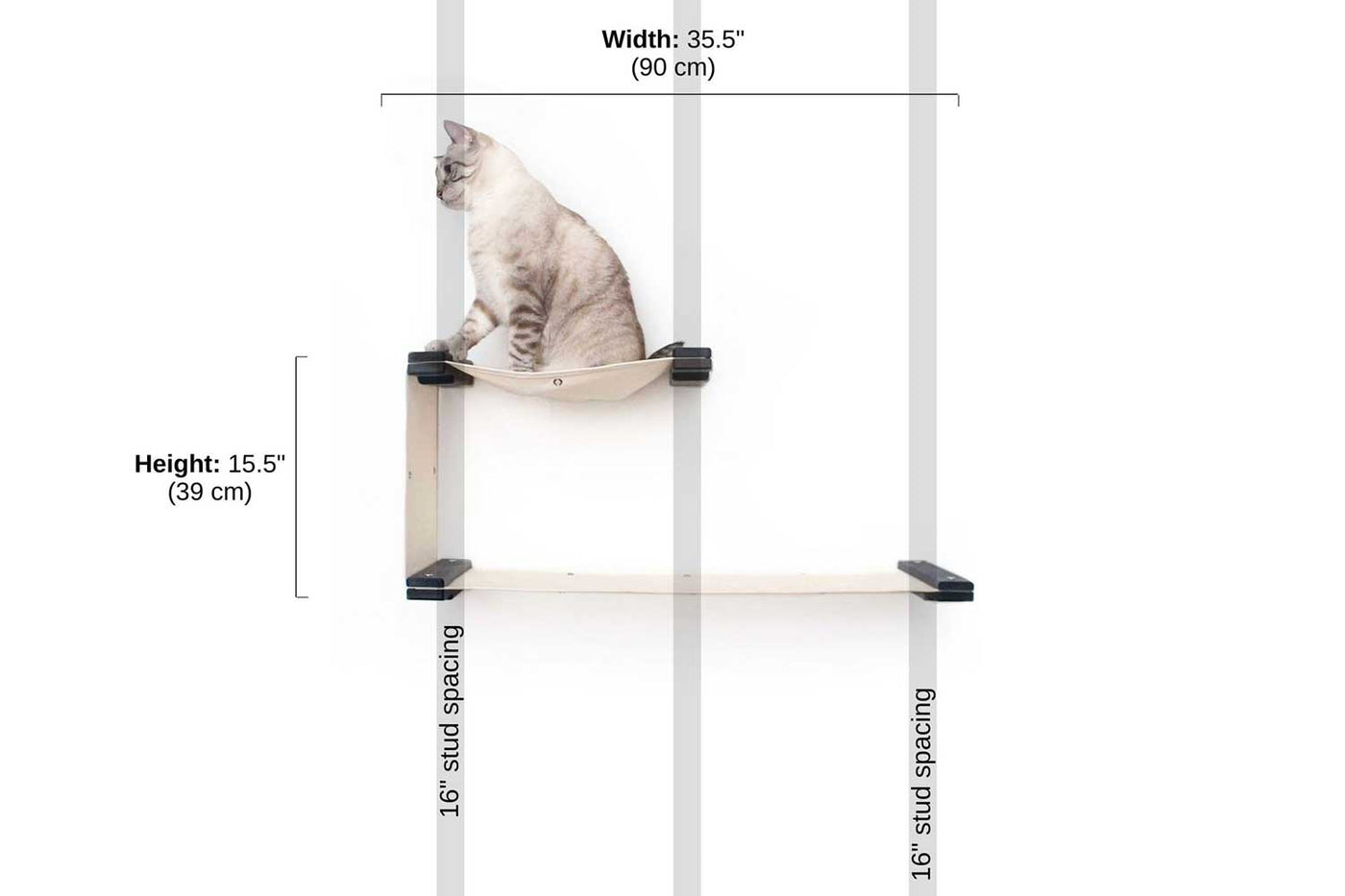 Wall mounted two-level cat hammock in canvas with a lower and upper bed and a fabric divider